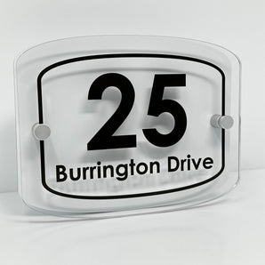 The Burrington Modern House Sign with Perspex Acrylic Front, White Rear Panel and Satin Silver Stand Off Fixings ( Size - 20cm x 16cm )