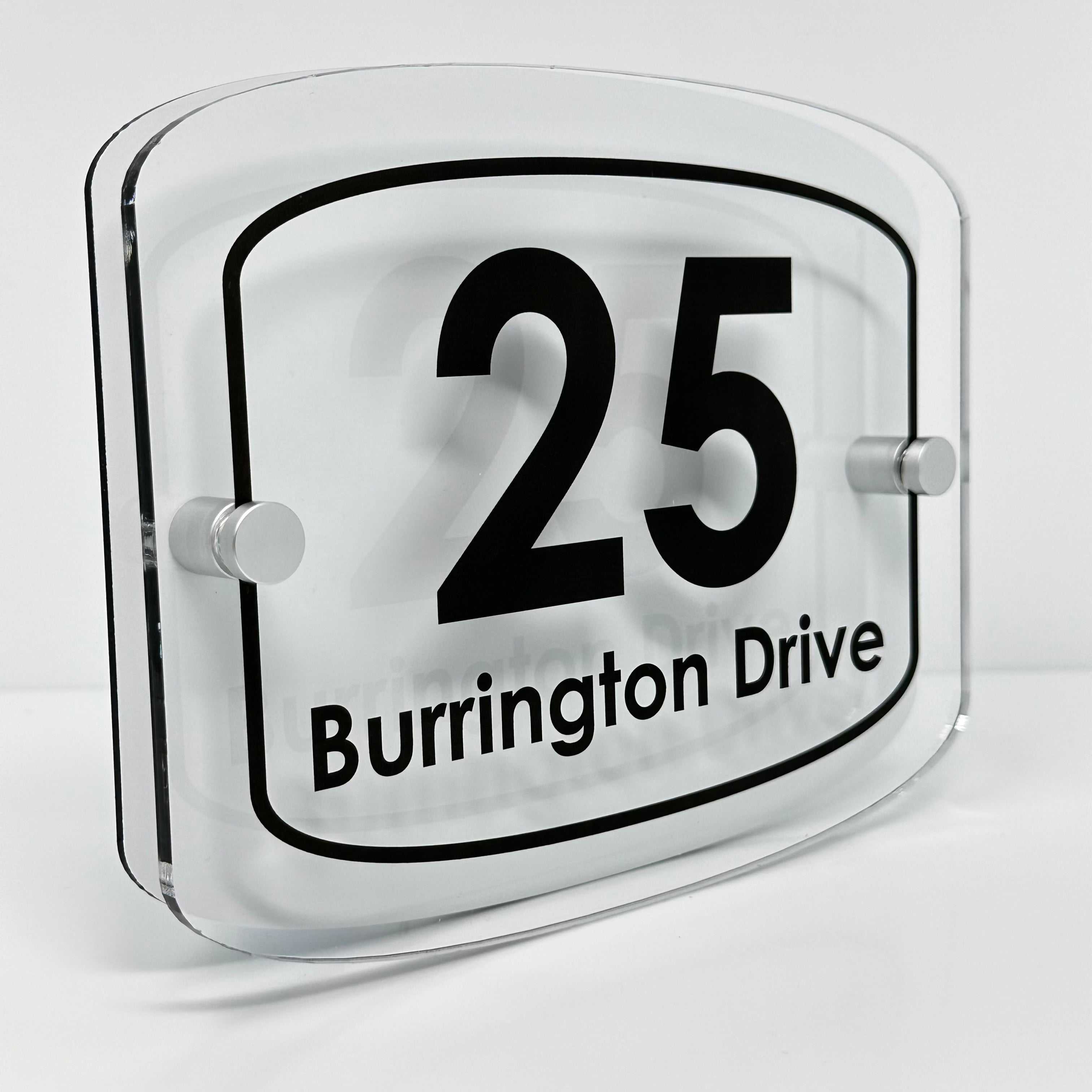The Burrington Modern House Sign with Perspex Acrylic Front, White Rear Panel and Satin Silver Stand Off Fixings ( Size - 20cm x 16cm )