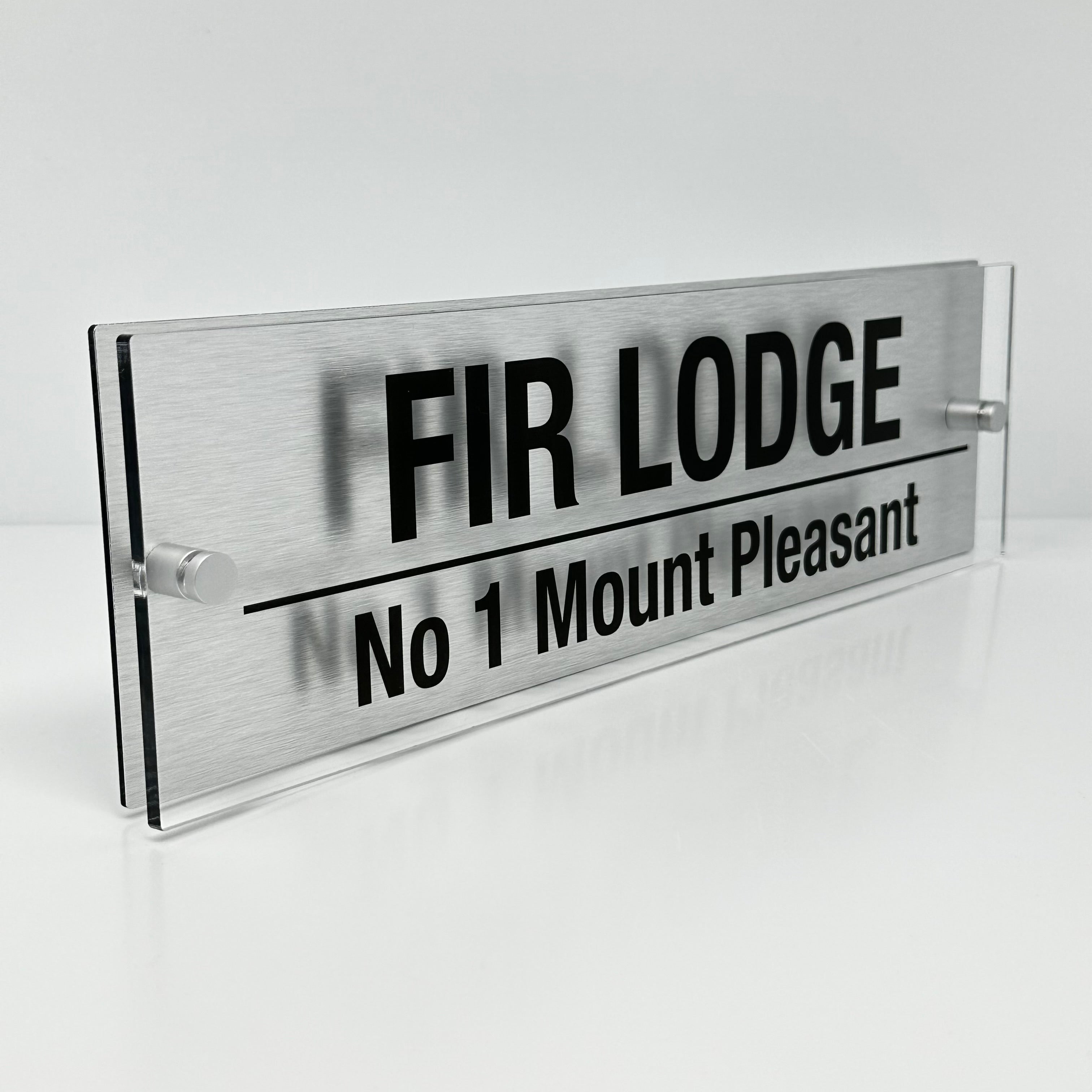 The Fir Lodge Modern House Sign with Perspex Acrylic Front, Silver Rear Panel and Satin Silver Stand Off Fixings ( Size - 42cm x 12cm )