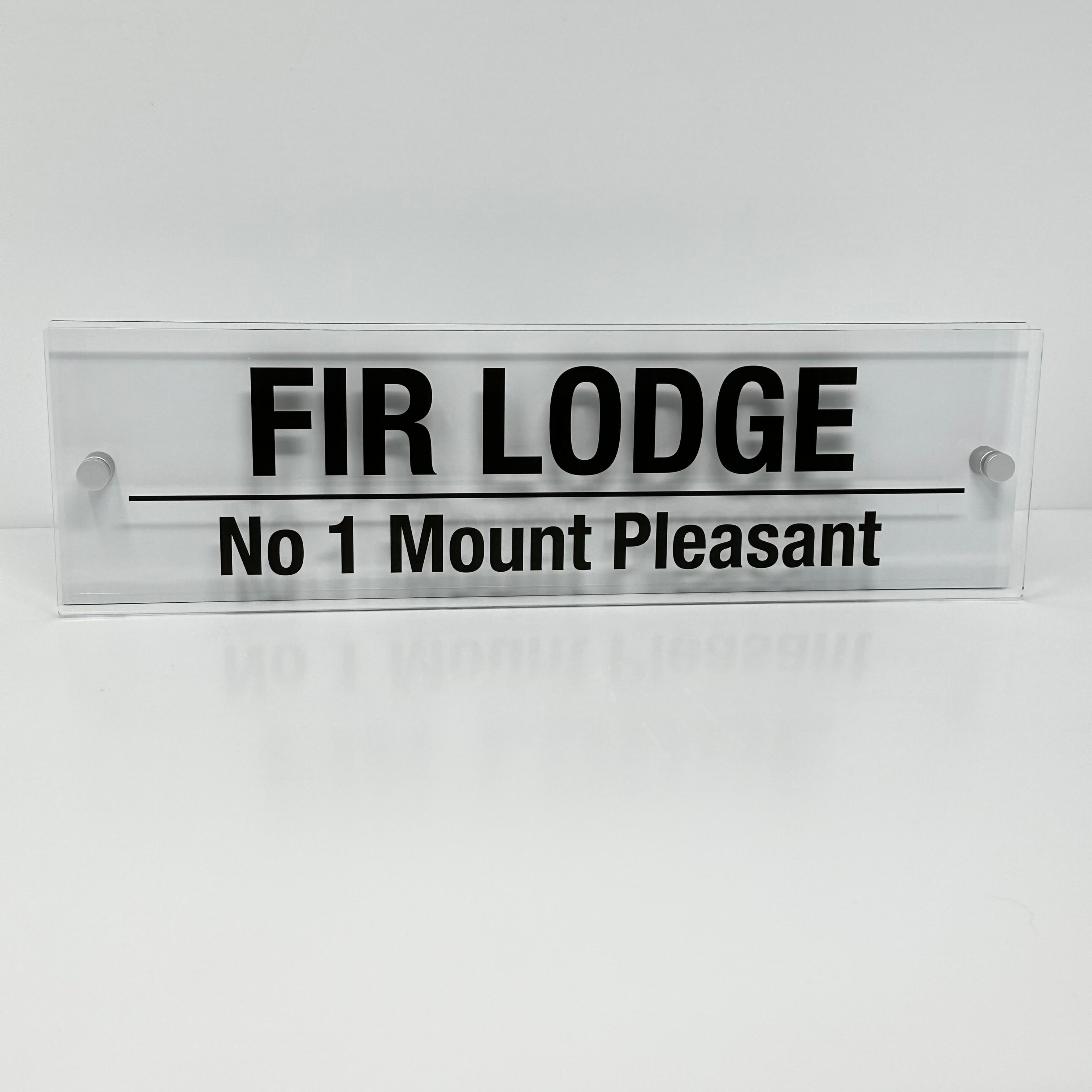 The Fir Lodge Modern House Sign with Perspex Acrylic Front, White Rear Panel and Satin Silver Stand Off Fixings ( Size - 42cm x 12cm )