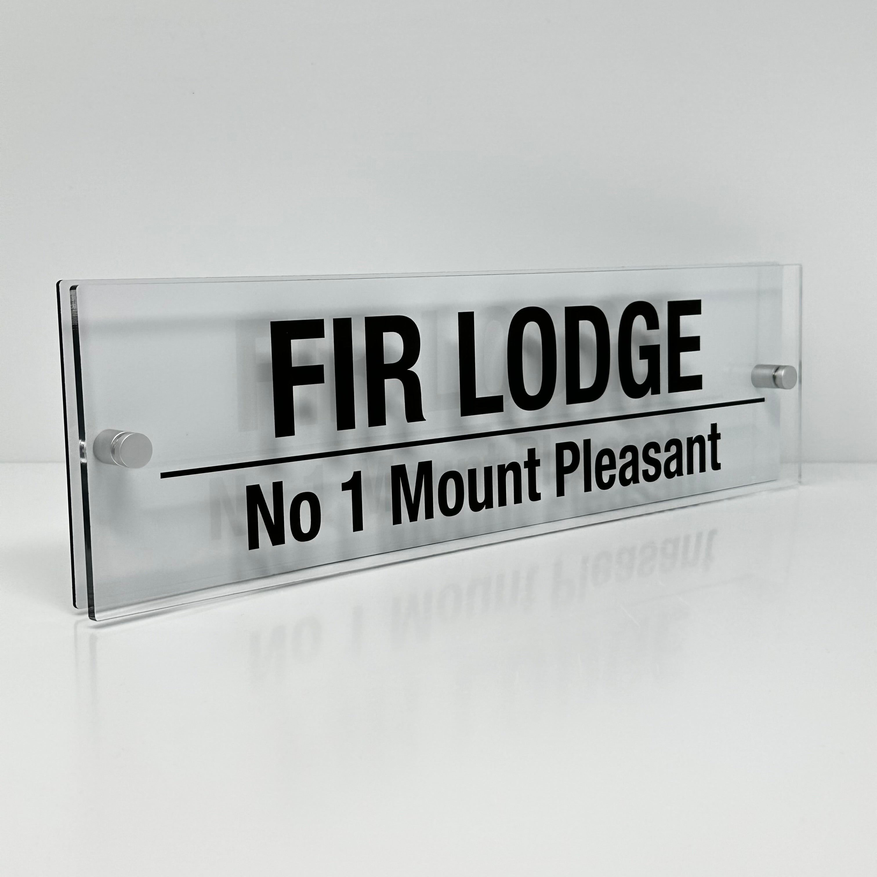 The Fir Lodge Modern House Sign with Perspex Acrylic Front, White Rear Panel and Satin Silver Stand Off Fixings ( Size - 42cm x 12cm )
