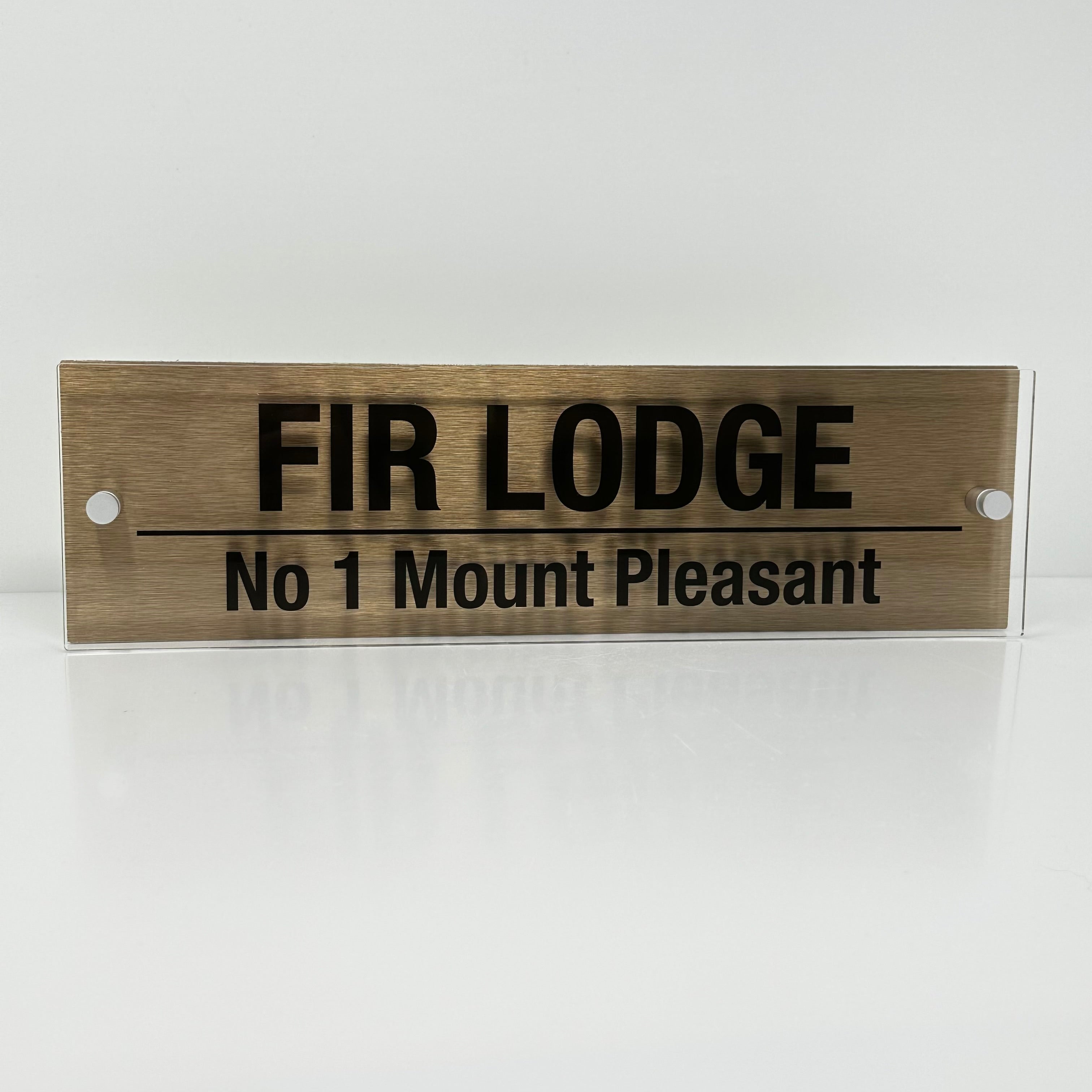The Fir Lodge Modern House Sign with Perspex Acrylic Front, Brass Rear Panel and Satin Silver Stand Off Fixings ( Size - 42cm x 12cm )