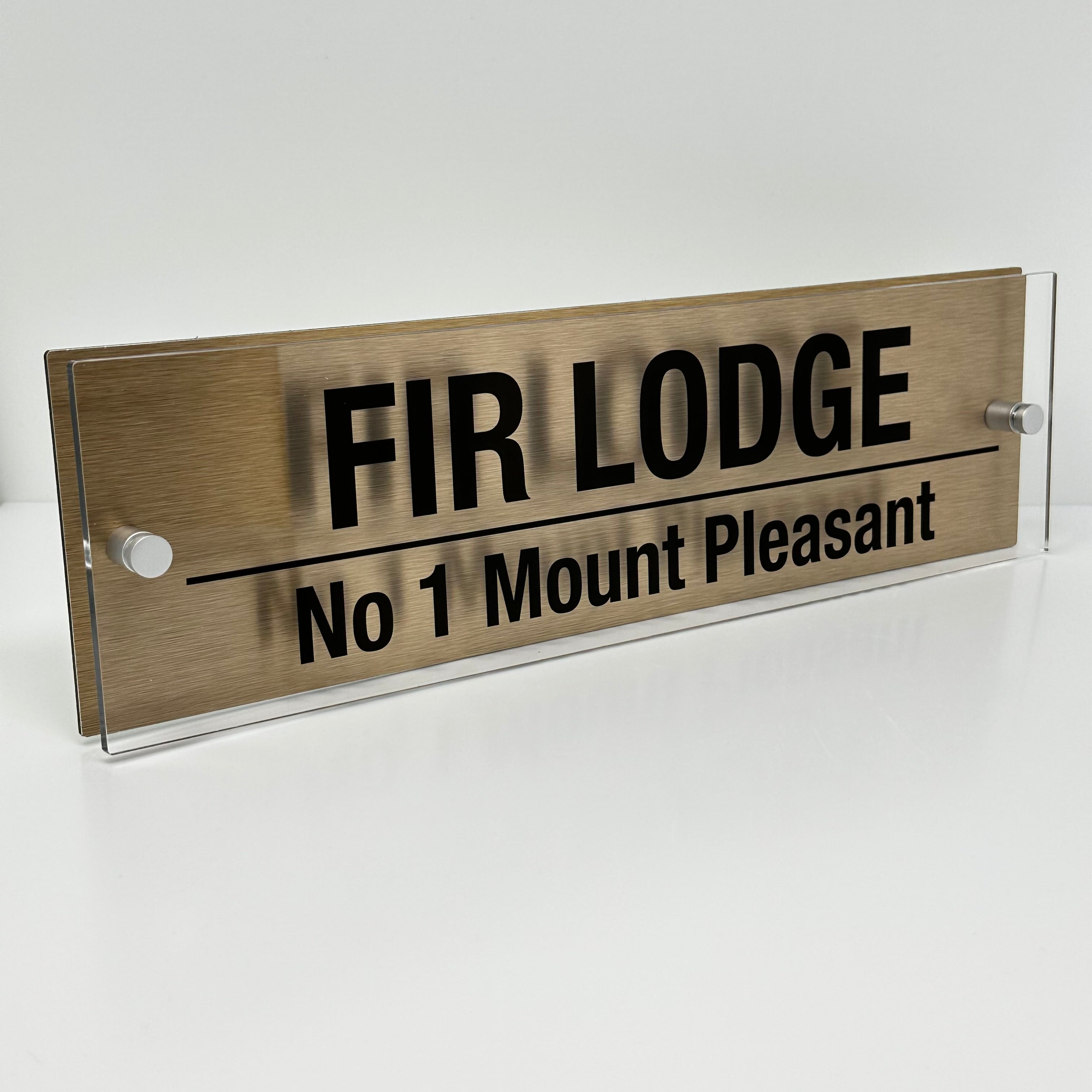The Fir Lodge Modern House Sign with Perspex Acrylic Front, Brass Rear Panel and Satin Silver Stand Off Fixings ( Size - 42cm x 12cm )
