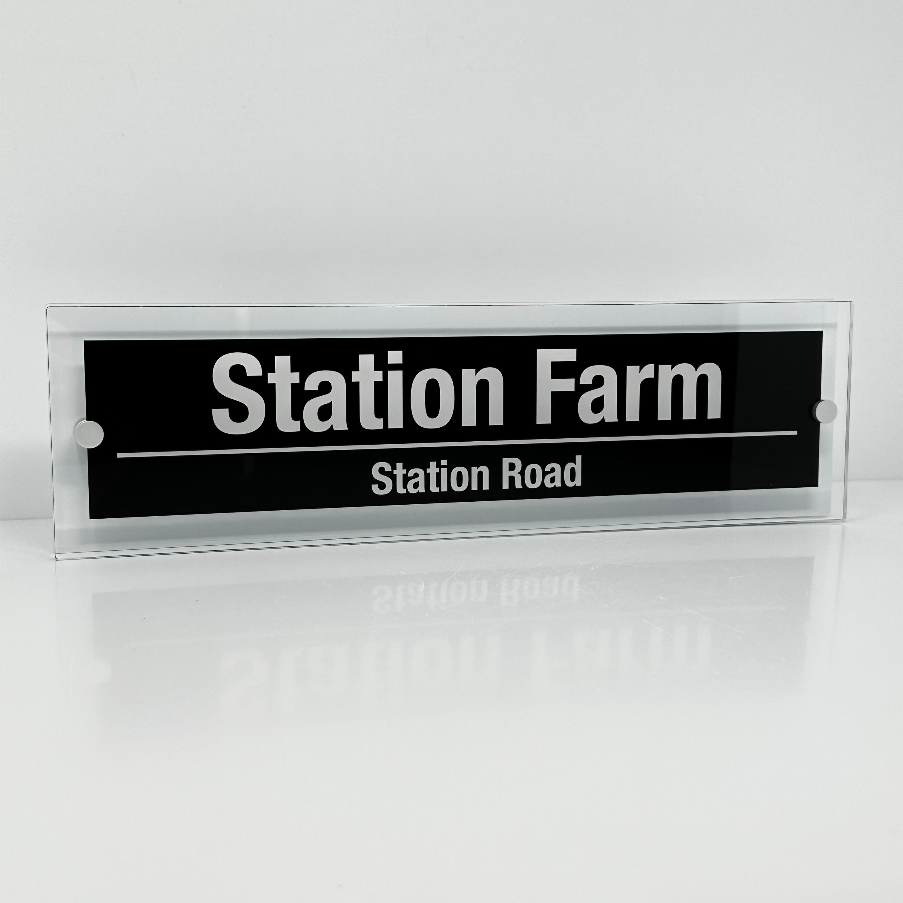 The Station Farm Modern House Sign with Perspex Acrylic Front, White Rear Panel and Satin Silver Stand Off Fixings ( Size - 42cm x 12cm )
