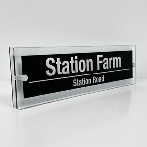 The Station Farm Modern House Sign with Perspex Acrylic Front, White Rear Panel and Satin Silver Stand Off Fixings ( Size - 42cm x 12cm )