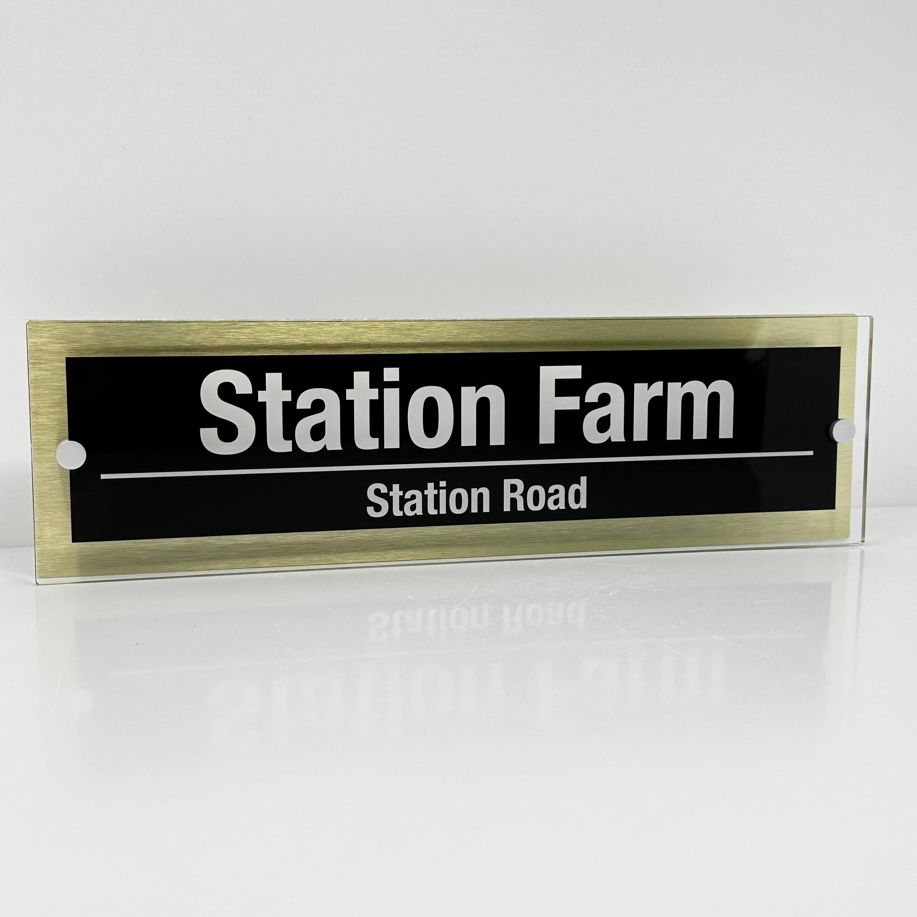 The Station Farm Modern House Sign with Perspex Acrylic Front, Gold Rear Panel and Satin Silver Stand Off Fixings ( Size - 42cm x 12cm )