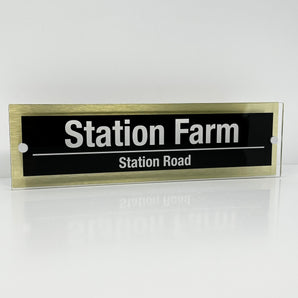 The Station Farm Modern House Sign with Perspex Acrylic Front, Gold Rear Panel and Satin Silver Stand Off Fixings ( Size - 42cm x 12cm )