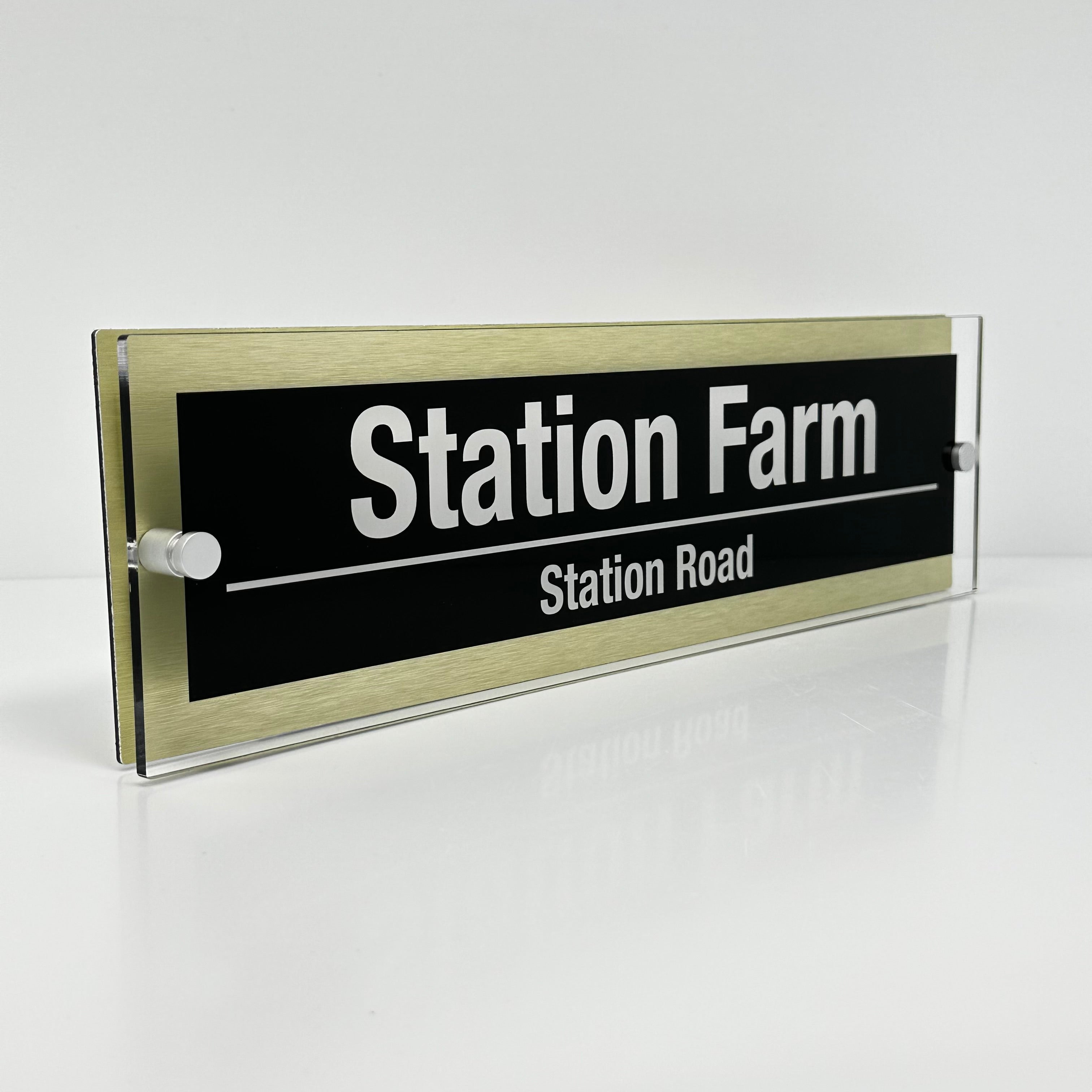 The Station Farm Modern House Sign with Perspex Acrylic Front, Gold Rear Panel and Satin Silver Stand Off Fixings ( Size - 42cm x 12cm )