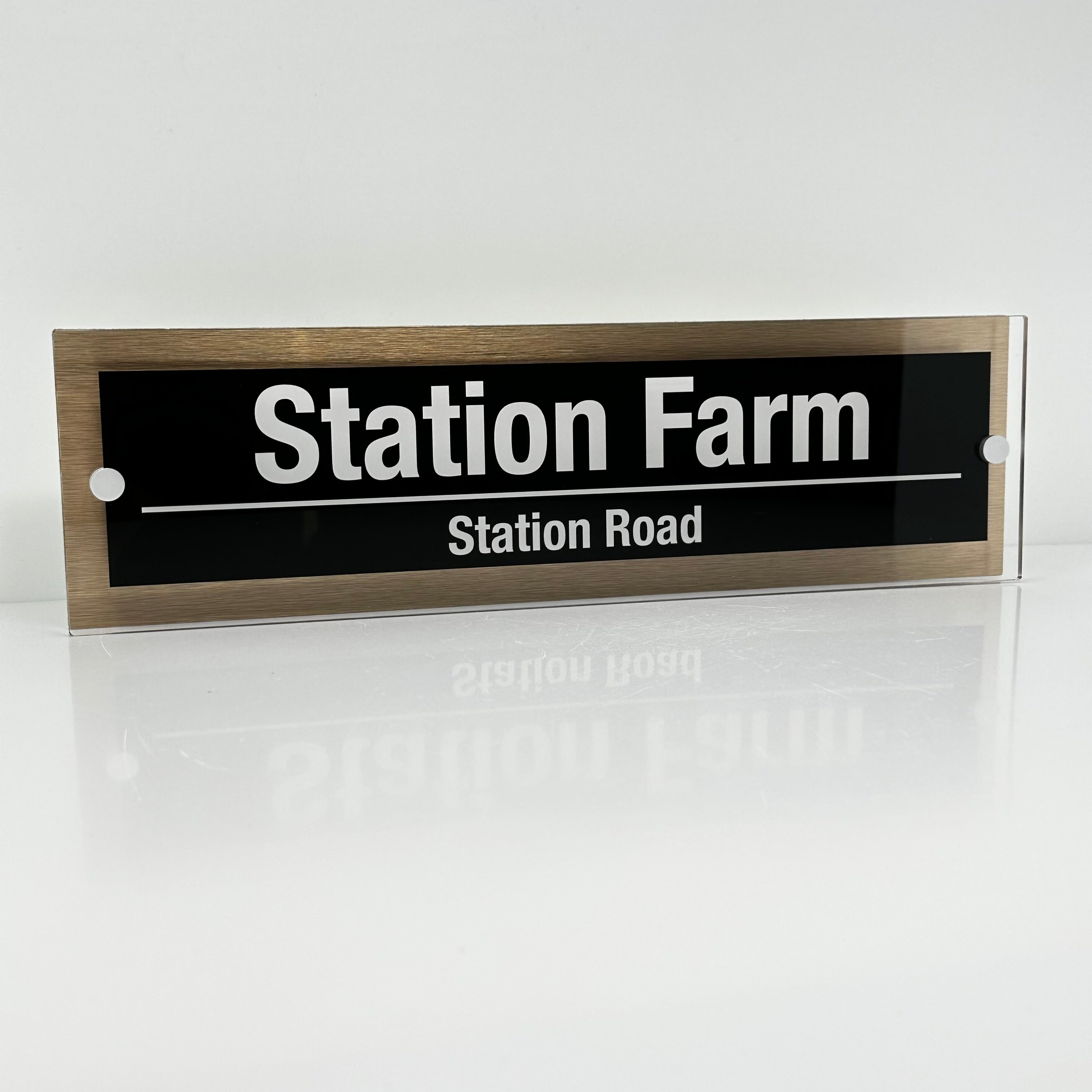 The Station Farm Modern House Sign with Perspex Acrylic Front, Brass Rear Panel and Satin Silver Stand Off Fixings ( Size - 42cm x 12cm )
