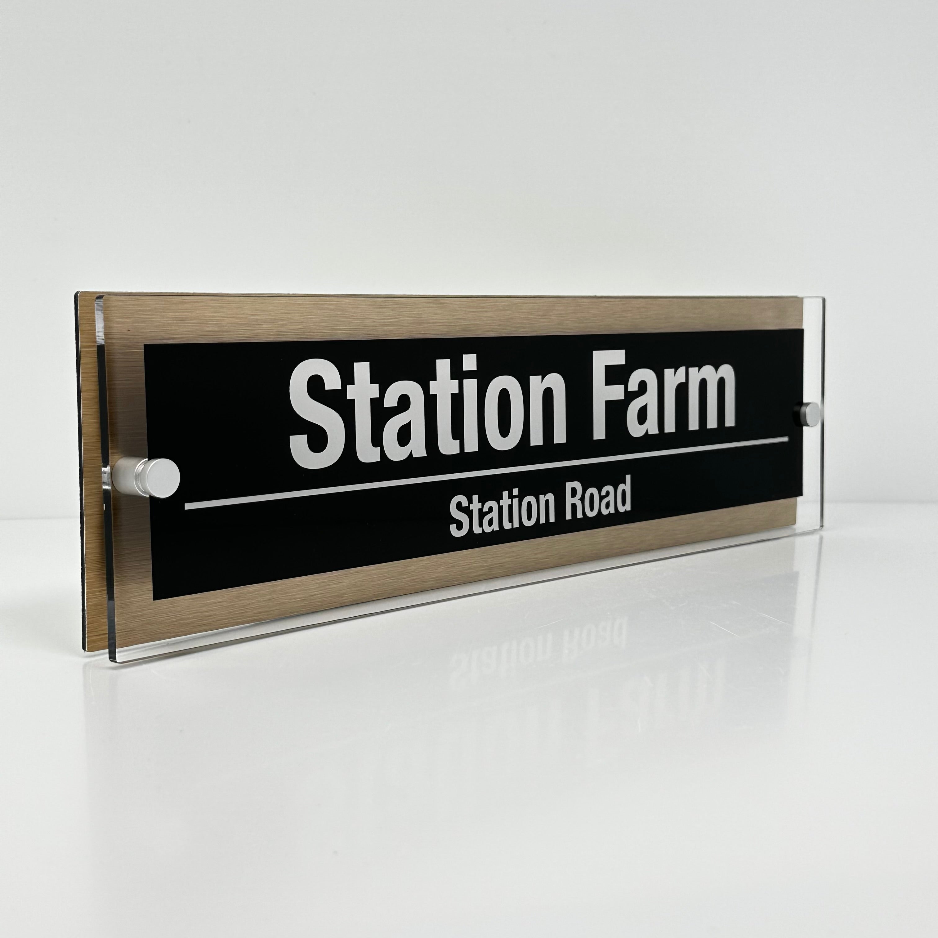 The Station Farm Modern House Sign with Perspex Acrylic Front, Brass Rear Panel and Satin Silver Stand Off Fixings ( Size - 42cm x 12cm )