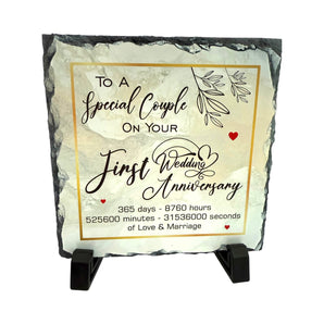 1st Wedding Anniversary Slate for a Special Couple – Handcrafted Natural Slate Plaque with Stand – Romantic First Year Keepsake –  15cm x 15cm