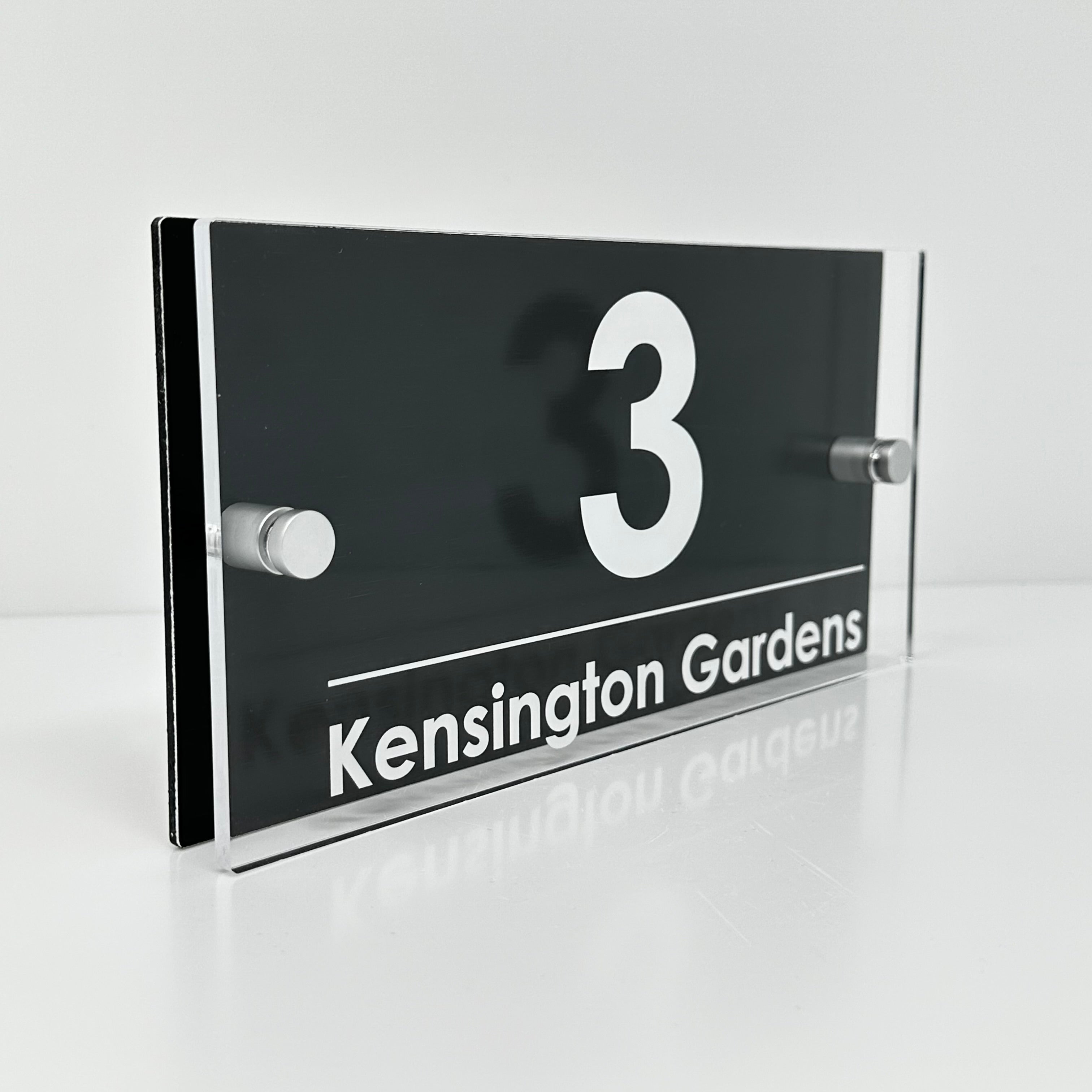 The Kensington Modern House Sign with Perspex Acrylic Front, Black Rear Panel and Satin Silver Stand Off Fixings ( Size - 25cm x 12cm )