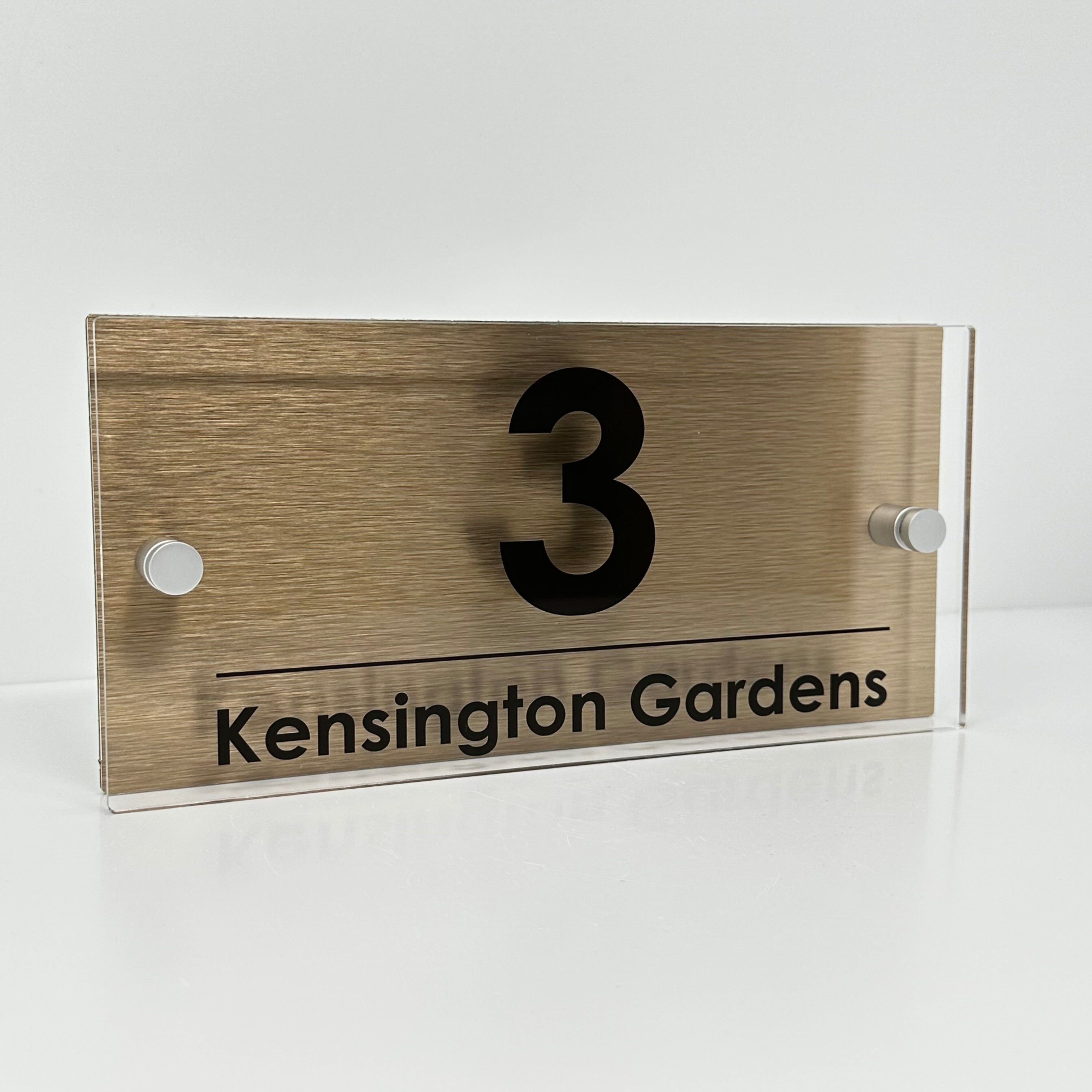 The Kensington Modern House Sign with Perspex Acrylic Front, Brass Rear Panel and Satin Silver Stand Off Fixings ( Size - 25cm x 12cm )
