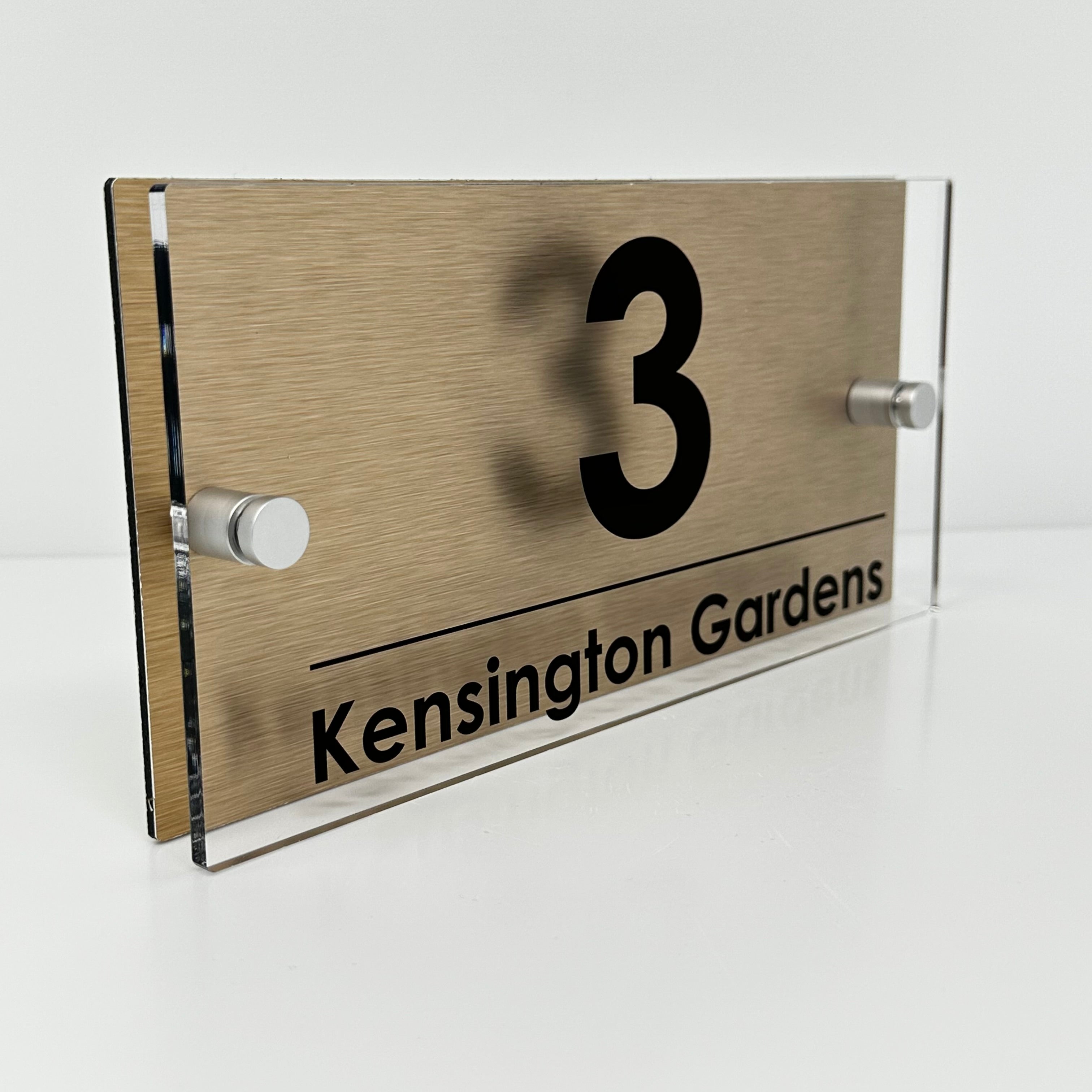 The Kensington Modern House Sign with Perspex Acrylic Front, Brass Rear Panel and Satin Silver Stand Off Fixings ( Size - 25cm x 12cm )