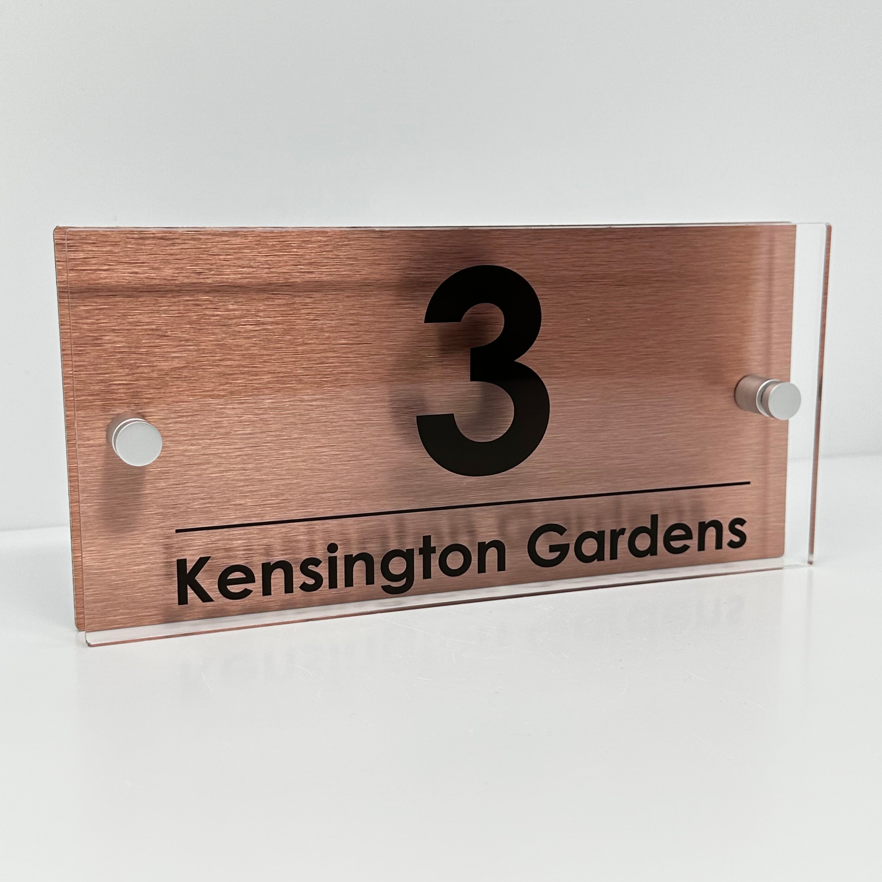 The Kensington Modern House Sign with Perspex Acrylic Front, Copper Rear Panel and Satin Silver Stand Off Fixings ( Size - 25cm x 12cm )