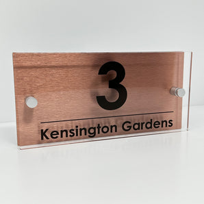 The Kensington Modern House Sign with Perspex Acrylic Front, Copper Rear Panel and Satin Silver Stand Off Fixings ( Size - 25cm x 12cm )