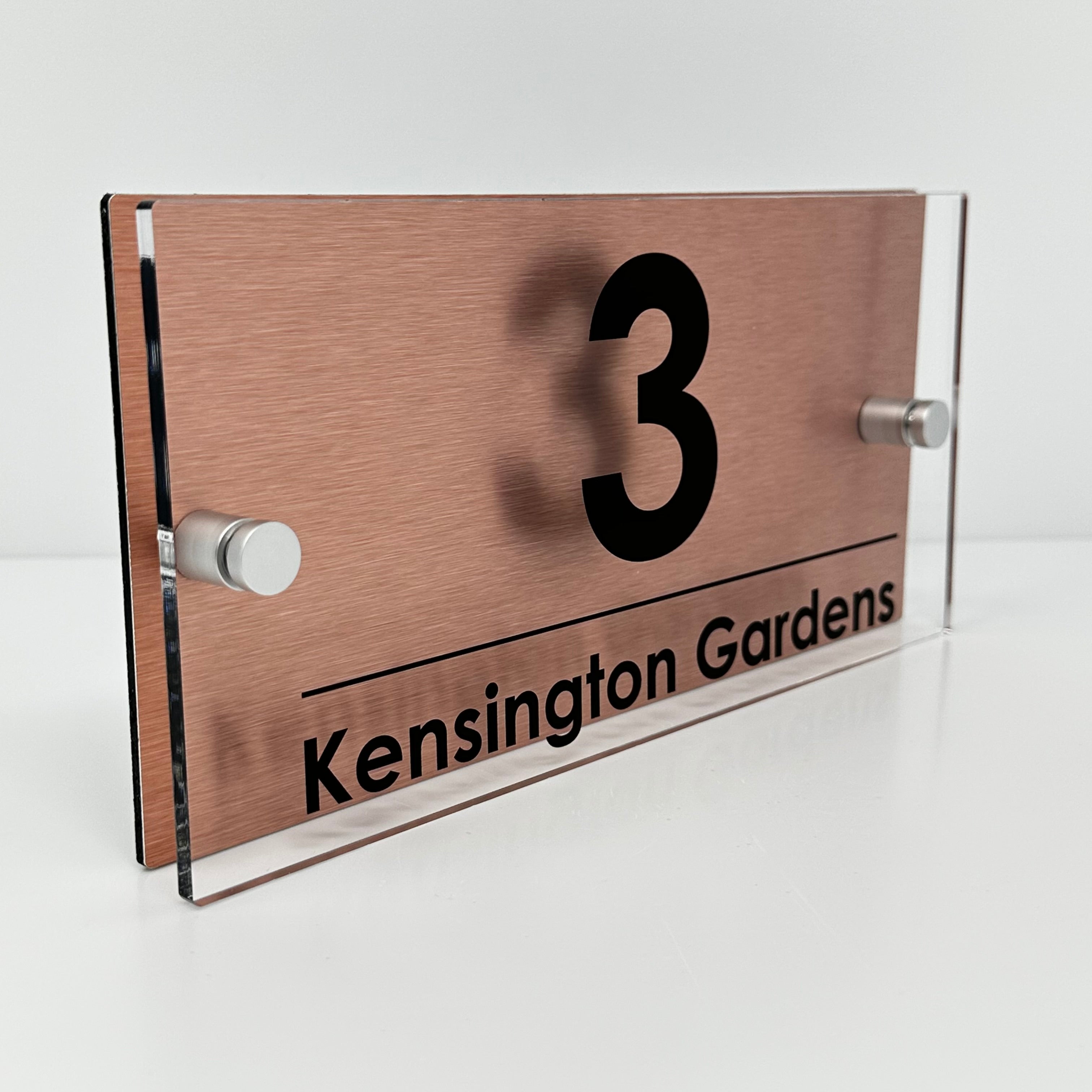 The Kensington Modern House Sign with Perspex Acrylic Front, Copper Rear Panel and Satin Silver Stand Off Fixings ( Size - 25cm x 12cm )