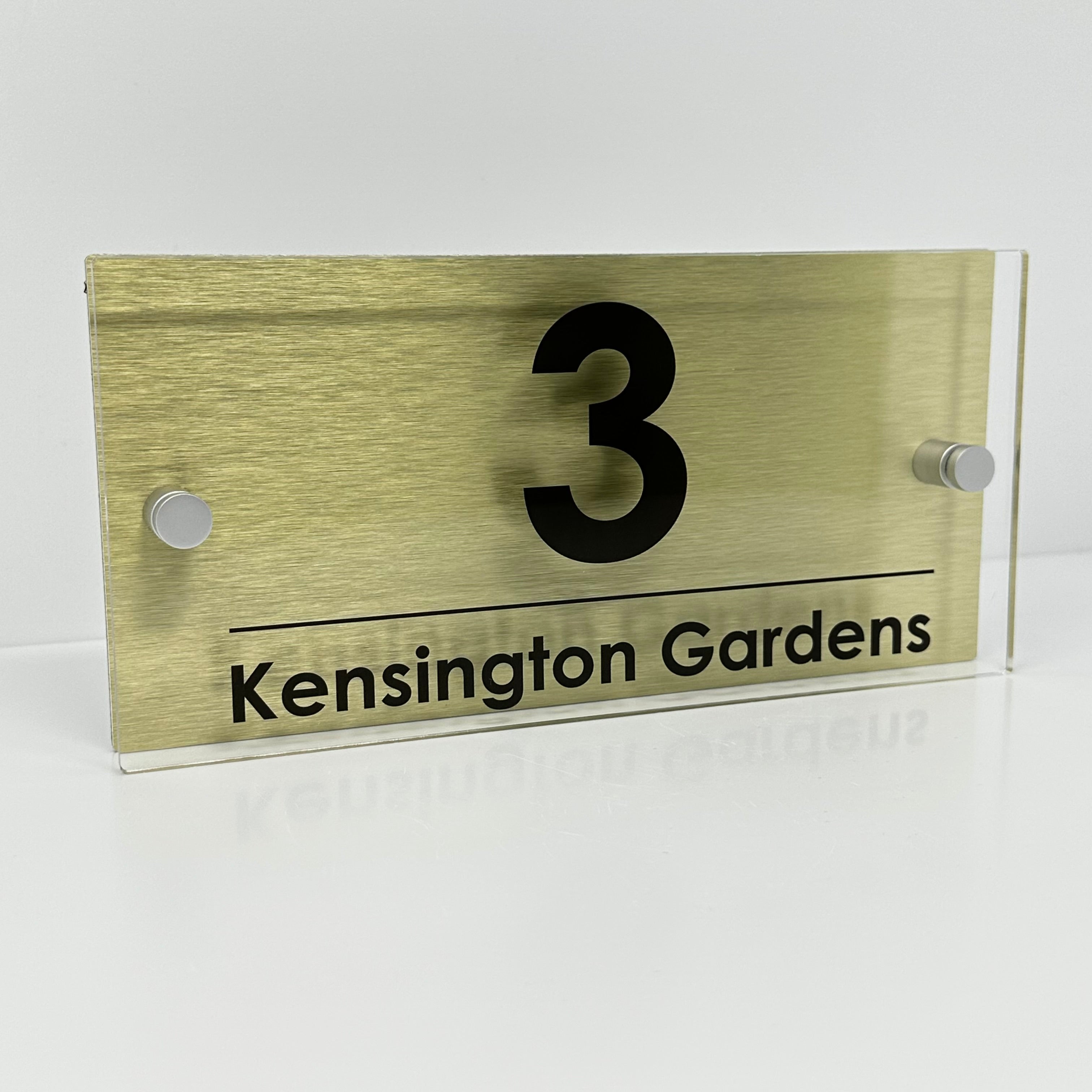 The Kensington Modern House Sign with Perspex Acrylic Front, Gold Rear Panel and Satin Silver Stand Off Fixings ( Size - 25cm x 12cm )