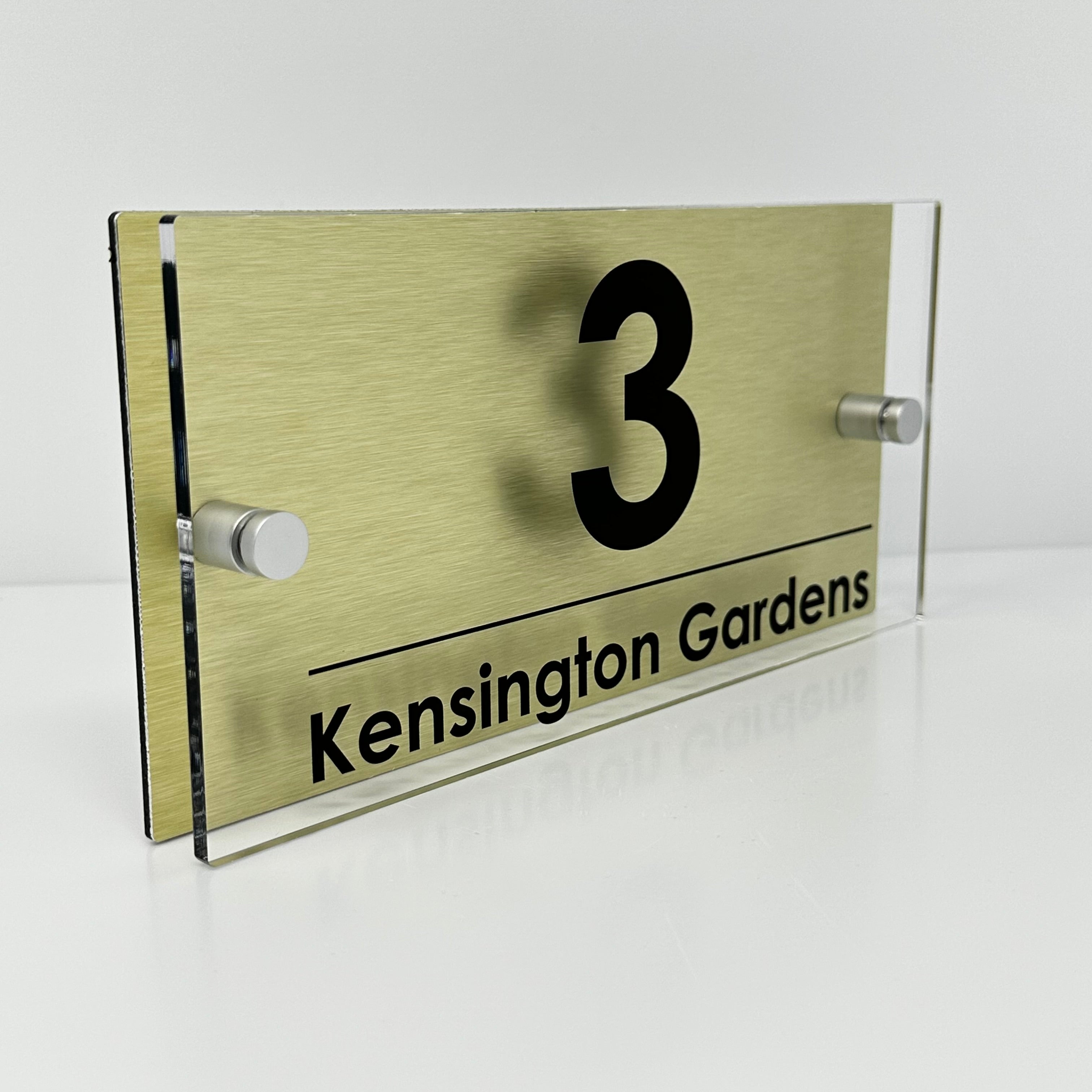 The Kensington Modern House Sign with Perspex Acrylic Front, Gold Rear Panel and Satin Silver Stand Off Fixings ( Size - 25cm x 12cm )
