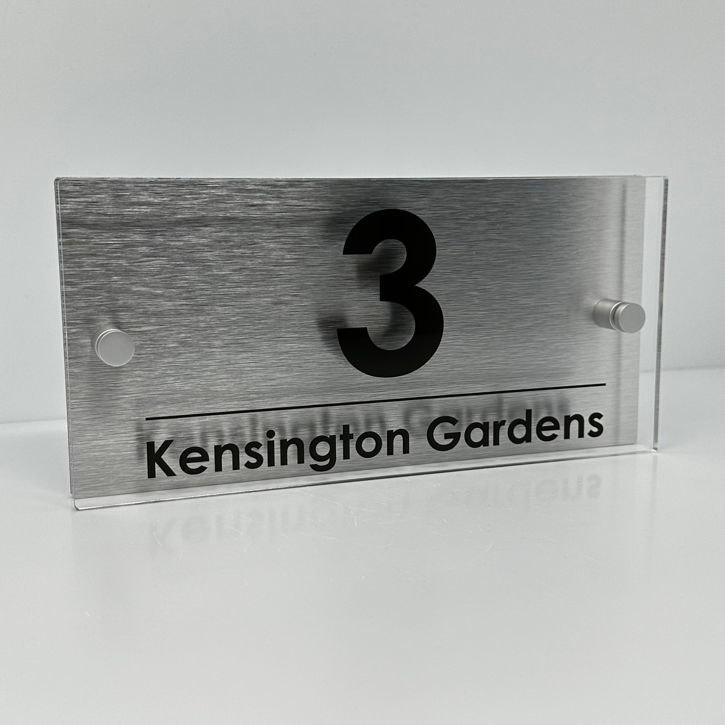 The Kensington Modern House Sign with Perspex Acrylic Front, Silver Rear Panel and Satin Silver Stand Off Fixings ( Size - 25cm x 12cm )