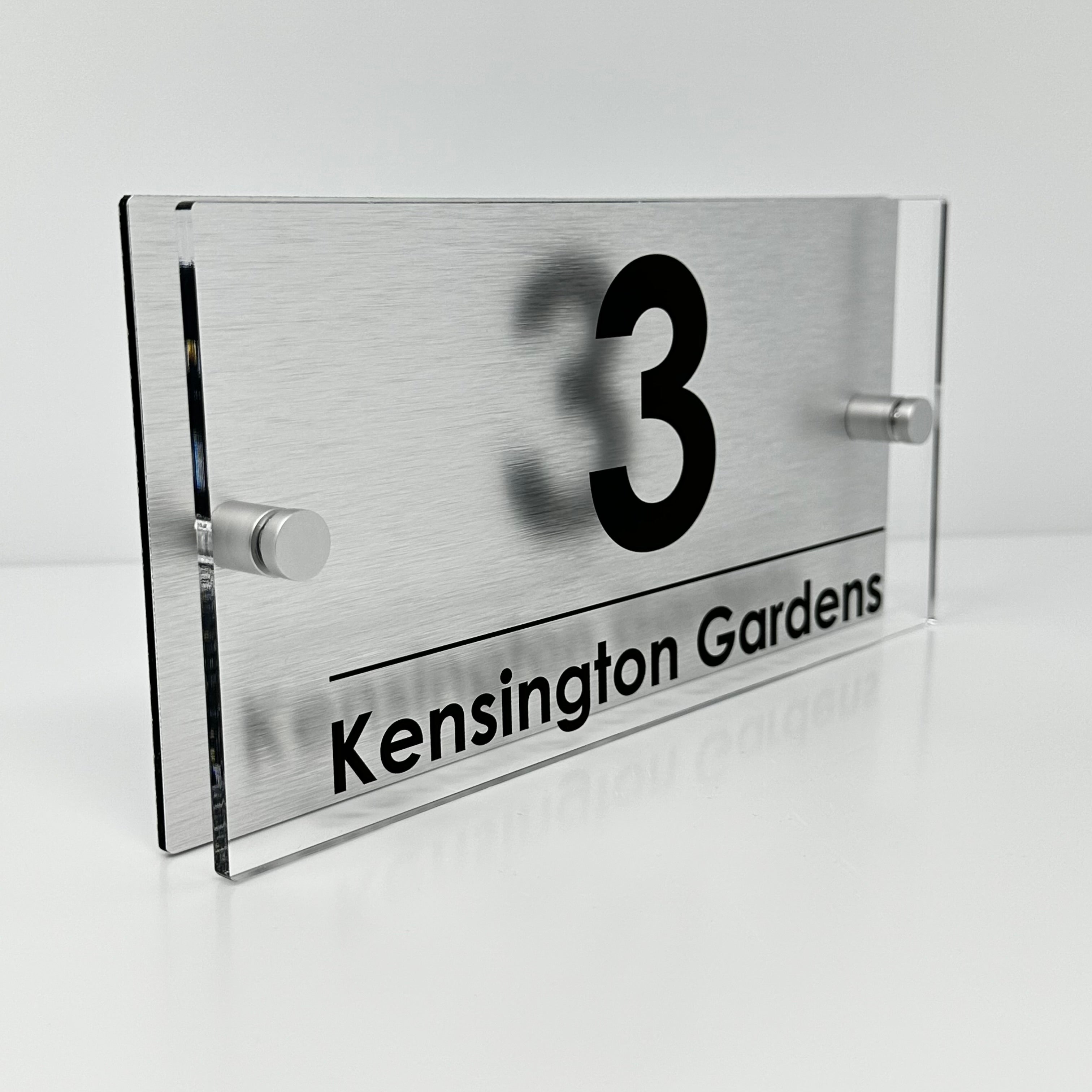 The Kensington Modern House Sign with Perspex Acrylic Front, Silver Rear Panel and Satin Silver Stand Off Fixings ( Size - 25cm x 12cm )