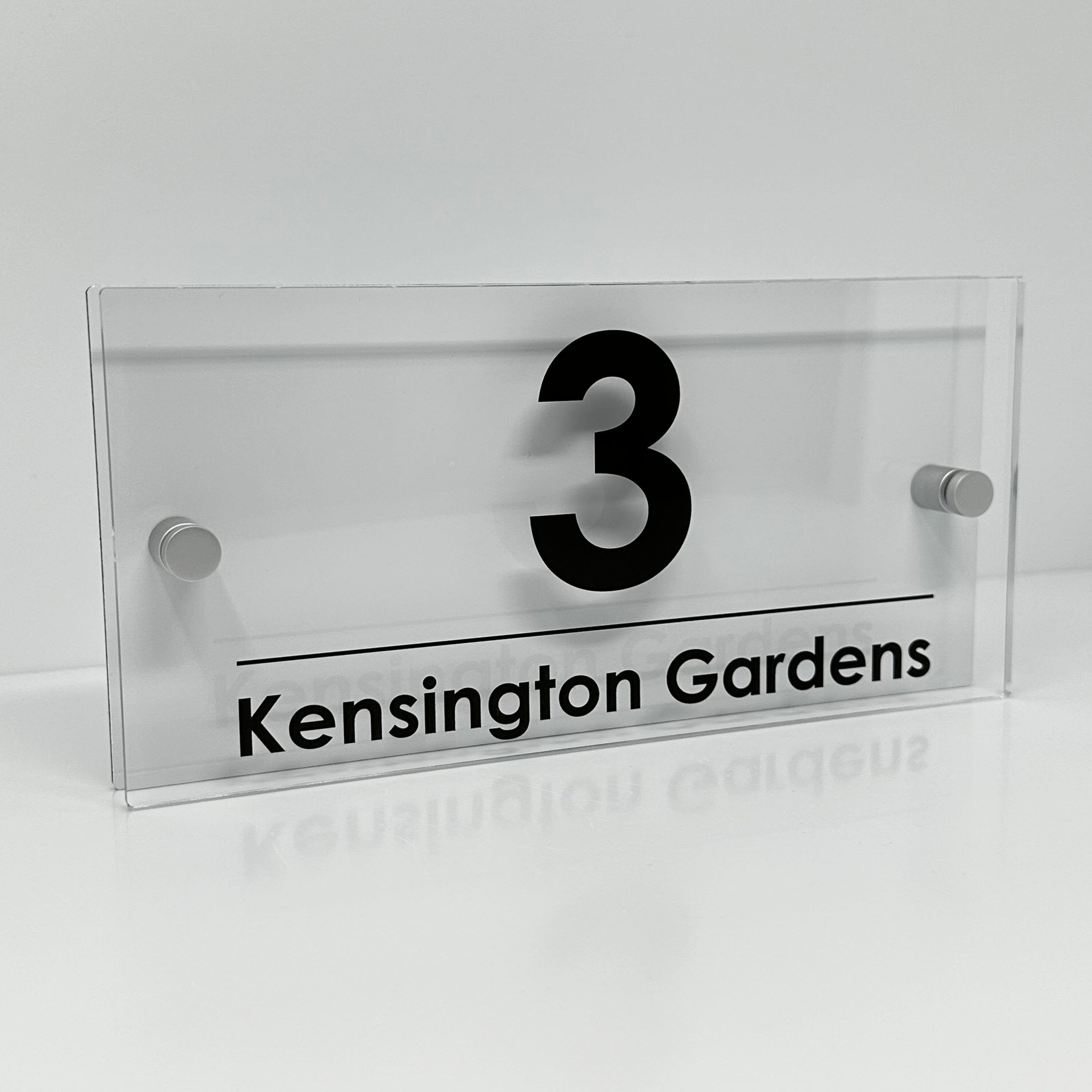 The Kensington Modern House Sign with Perspex Acrylic Front, White Rear Panel and Satin Silver Stand Off Fixings ( Size - 25cm x 12cm )