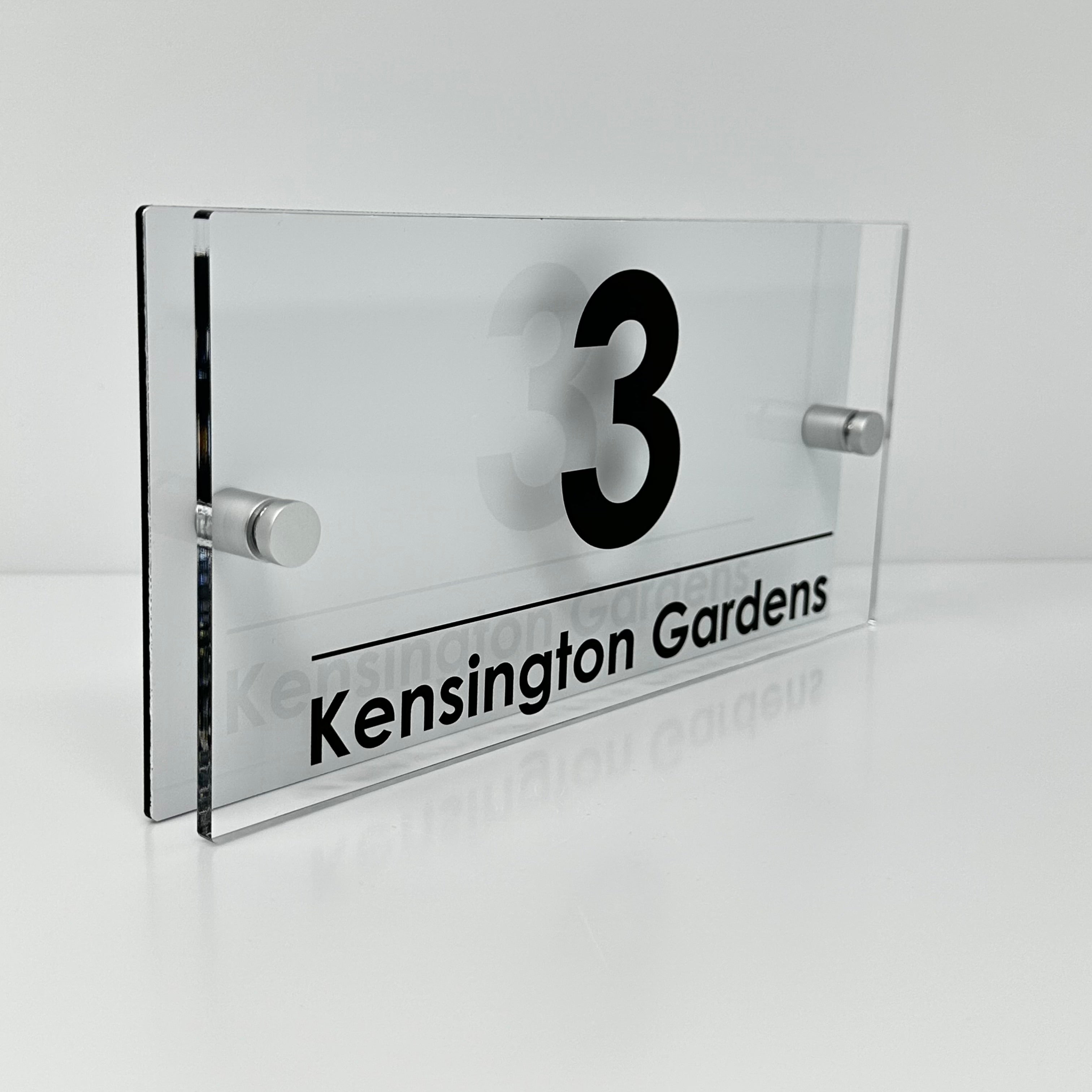 The Kensington Modern House Sign with Perspex Acrylic Front, White Rear Panel and Satin Silver Stand Off Fixings ( Size - 25cm x 12cm )
