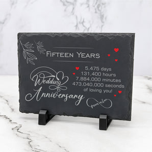 15th Wedding Anniversary Slate – Handcrafted Natural Stone Plaque with Stand – Romantic Fifteen Year Keepsake – 5,475 Days of Love – Forever in Love Design - 20cm x 15cm