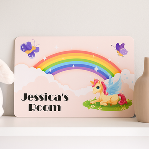 Personalised Unicorn and Rainbow Door Sign –  Name Plaque for Kids – 20 x 13 cm – Children's Bedroom Decor with Double-Sided Tape