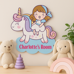 Personalised Girl on a Unicorn Kids Bedroom Door Sign - Unique Gift