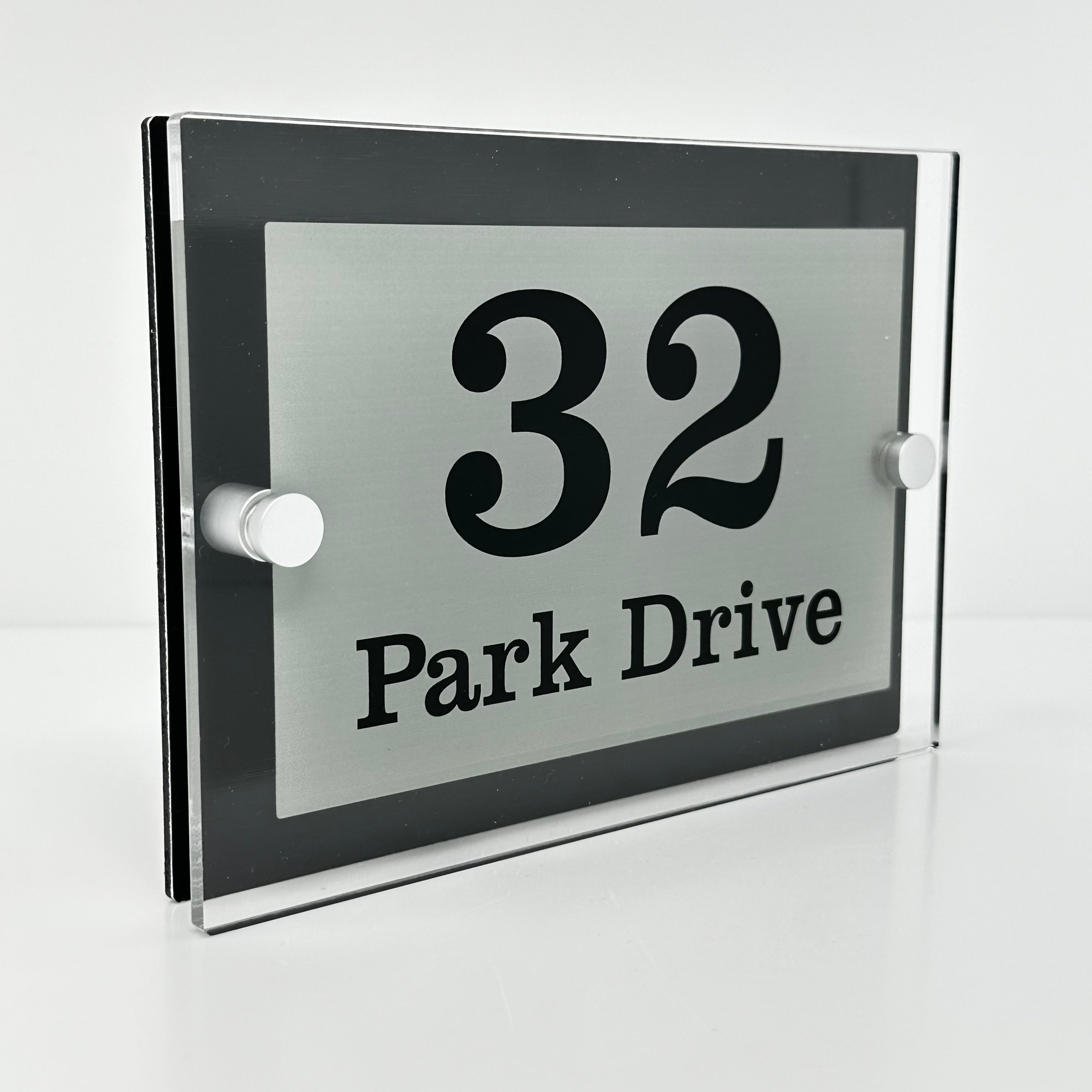 The Park Drive Modern House Sign with Perspex Acrylic Front, Anthracite Grey Rear Panel and Satin Silver Stand Off Fixings ( Size - 20cm x 14cm )