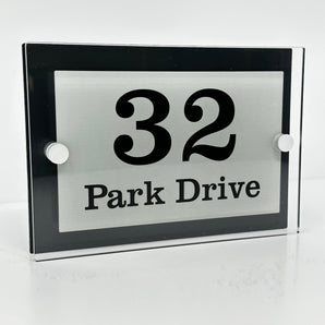 The Park Drive Modern House Sign with Perspex Acrylic Front, Black Rear Panel and Satin Silver Stand Off Fixings ( Size - 20cm x 14cm )