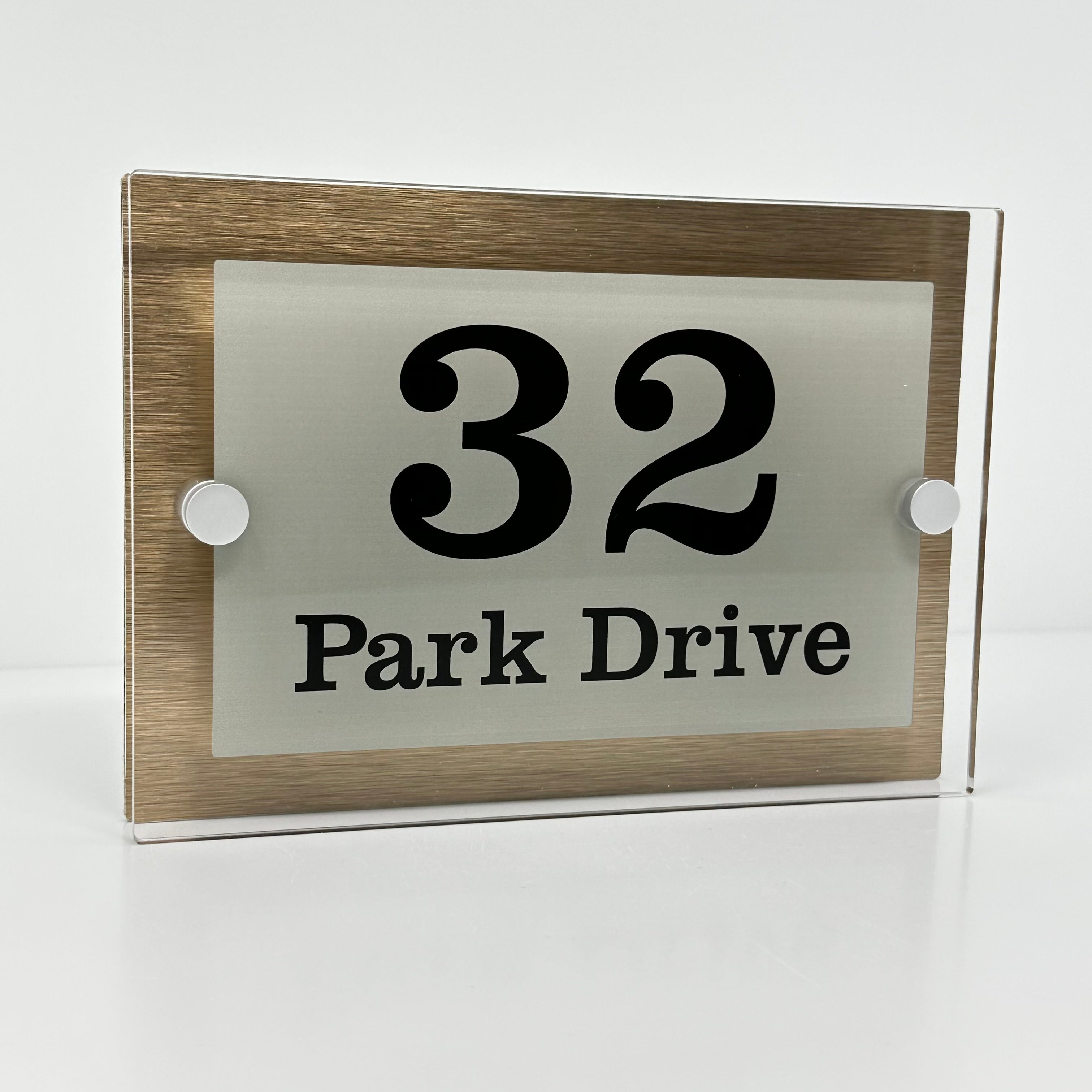 The Park Drive Modern House Sign with Perspex Acrylic Front, Brass Rear Panel and Satin Silver Stand Off Fixings ( Size - 20cm x 14cm )