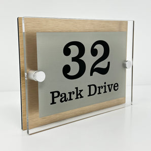 The Park Drive Modern House Sign with Perspex Acrylic Front, Brass Rear Panel and Satin Silver Stand Off Fixings ( Size - 20cm x 14cm )