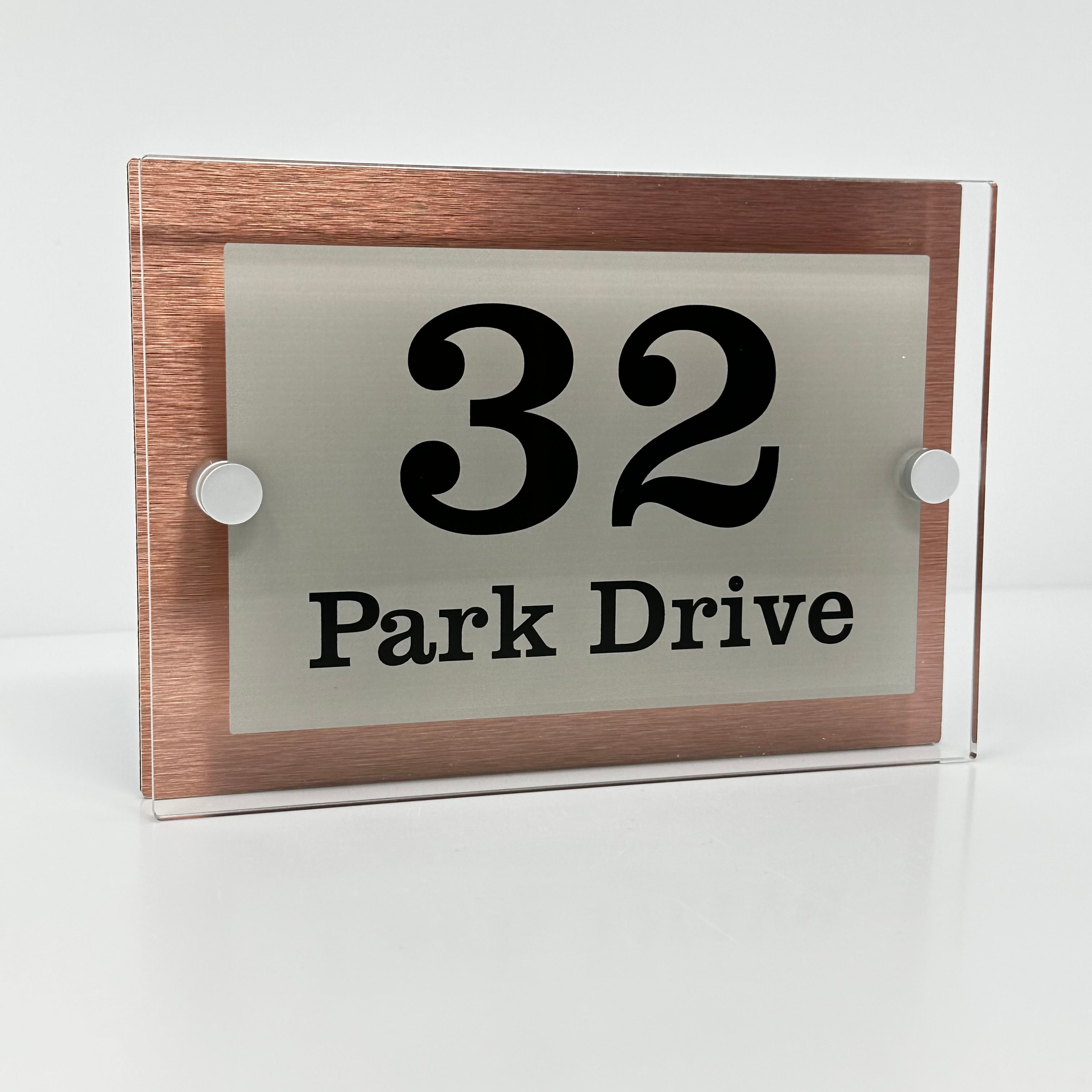 The Park Drive Modern House Sign with Perspex Acrylic Front, Copper Rear Panel and Satin Silver Stand Off Fixings ( Size - 20cm x 14cm )