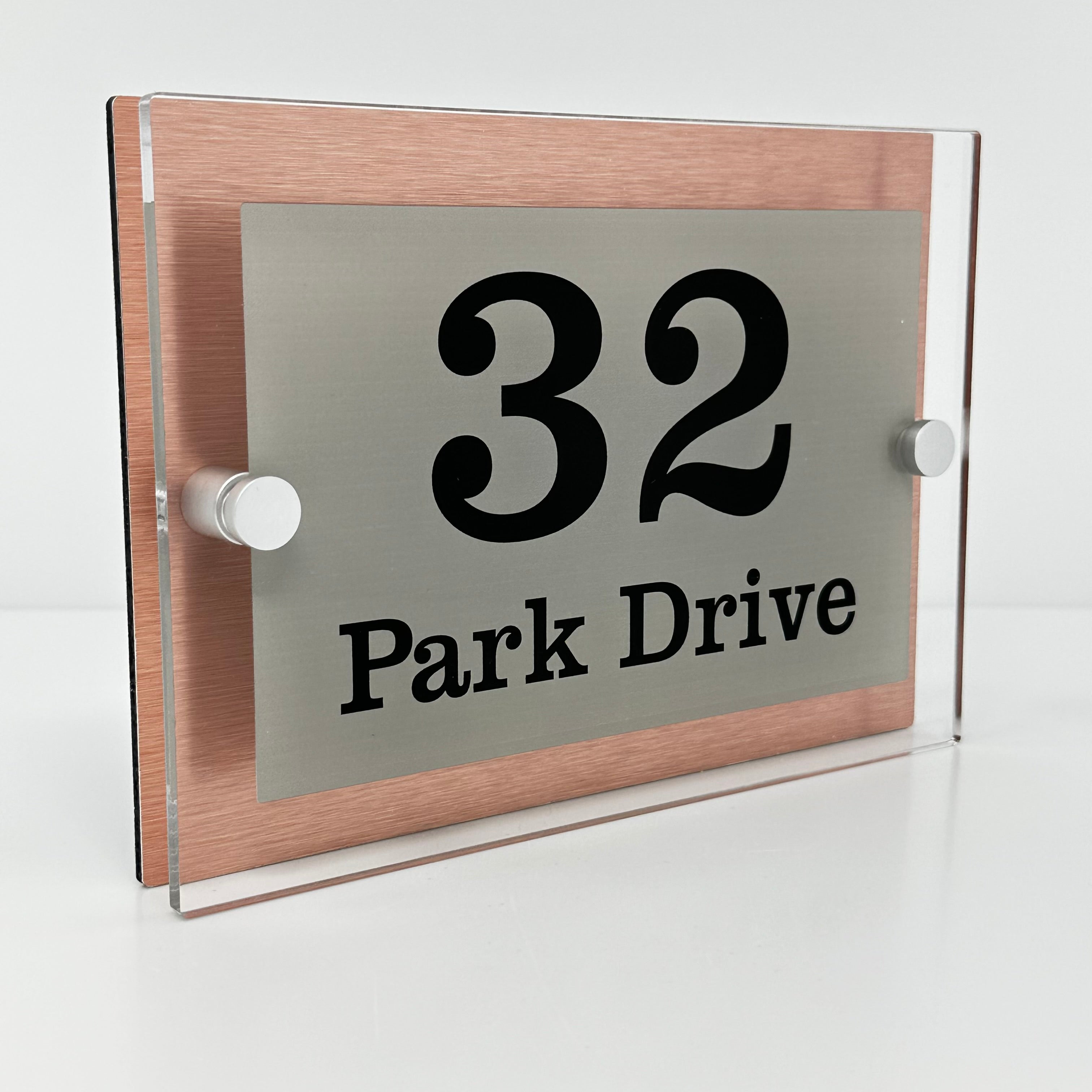 The Park Drive Modern House Sign with Perspex Acrylic Front, Copper Rear Panel and Satin Silver Stand Off Fixings ( Size - 20cm x 14cm )