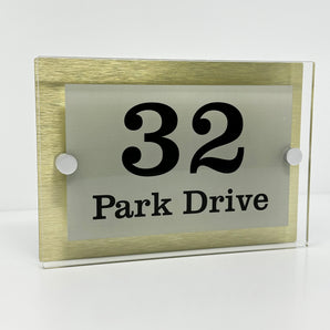 The Park Drive Modern House Sign with Perspex Acrylic Front, Gold Rear Panel and Satin Silver Stand Off Fixings ( Size - 20cm x 14cm )