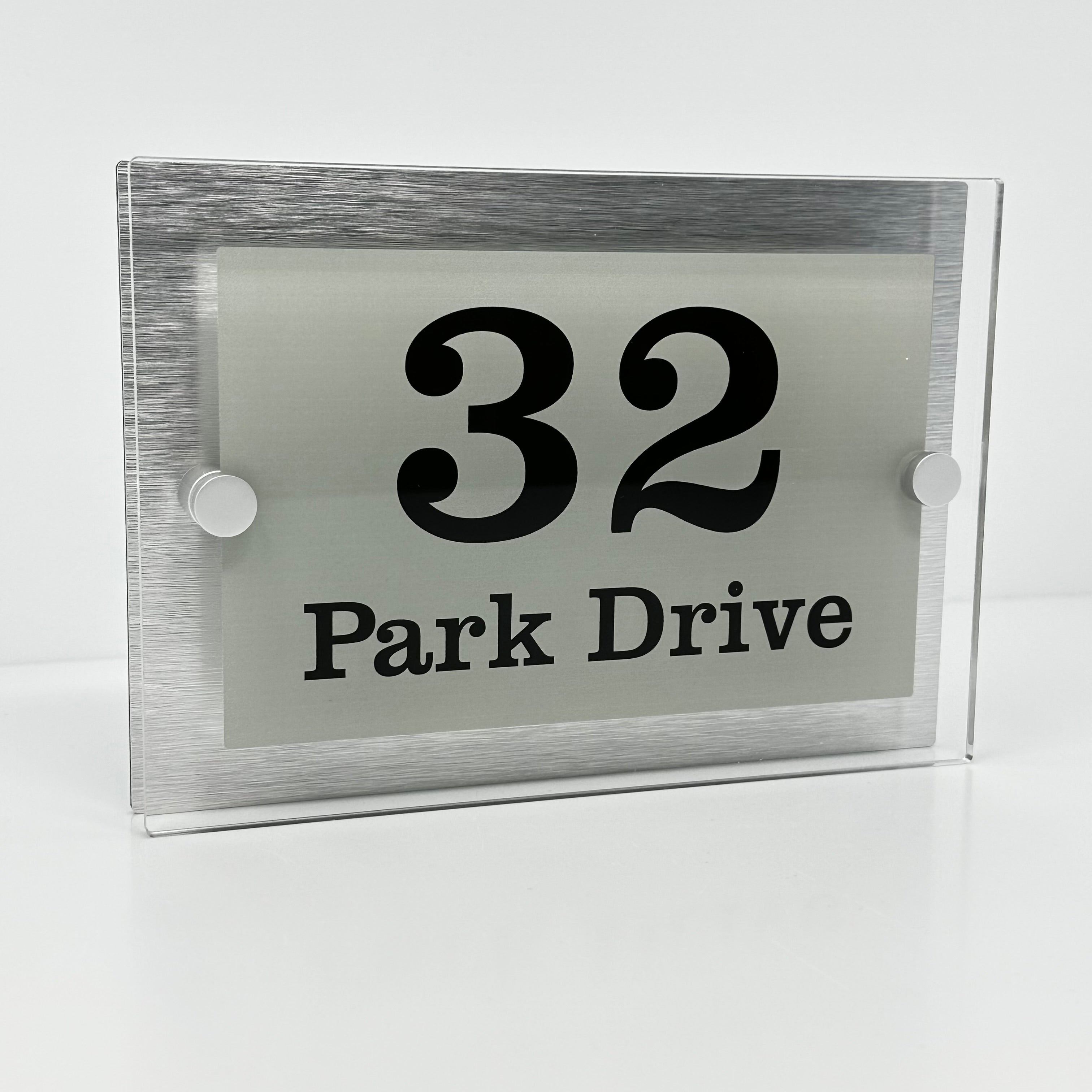 The Park Drive Modern House Sign with Perspex Acrylic Front, Silver Rear Panel and Satin Silver Stand Off Fixings ( Size - 20cm x 14cm )
