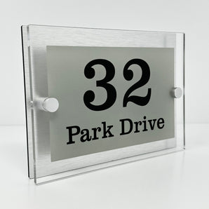 The Park Drive Modern House Sign with Perspex Acrylic Front, Silver Rear Panel and Satin Silver Stand Off Fixings ( Size - 20cm x 14cm )