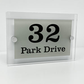 The Park Drive Modern House Sign with Perspex Acrylic Front, White Rear Panel and Satin Silver Stand Off Fixings ( Size - 20cm x 14cm )