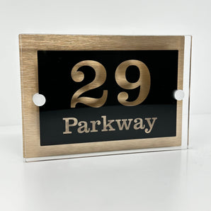 The Parkway Modern House Sign with Perspex Acrylic Front, Brass Rear Panel and Satin Silver Stand Off Fixings ( Size - 20cm x 14cm )