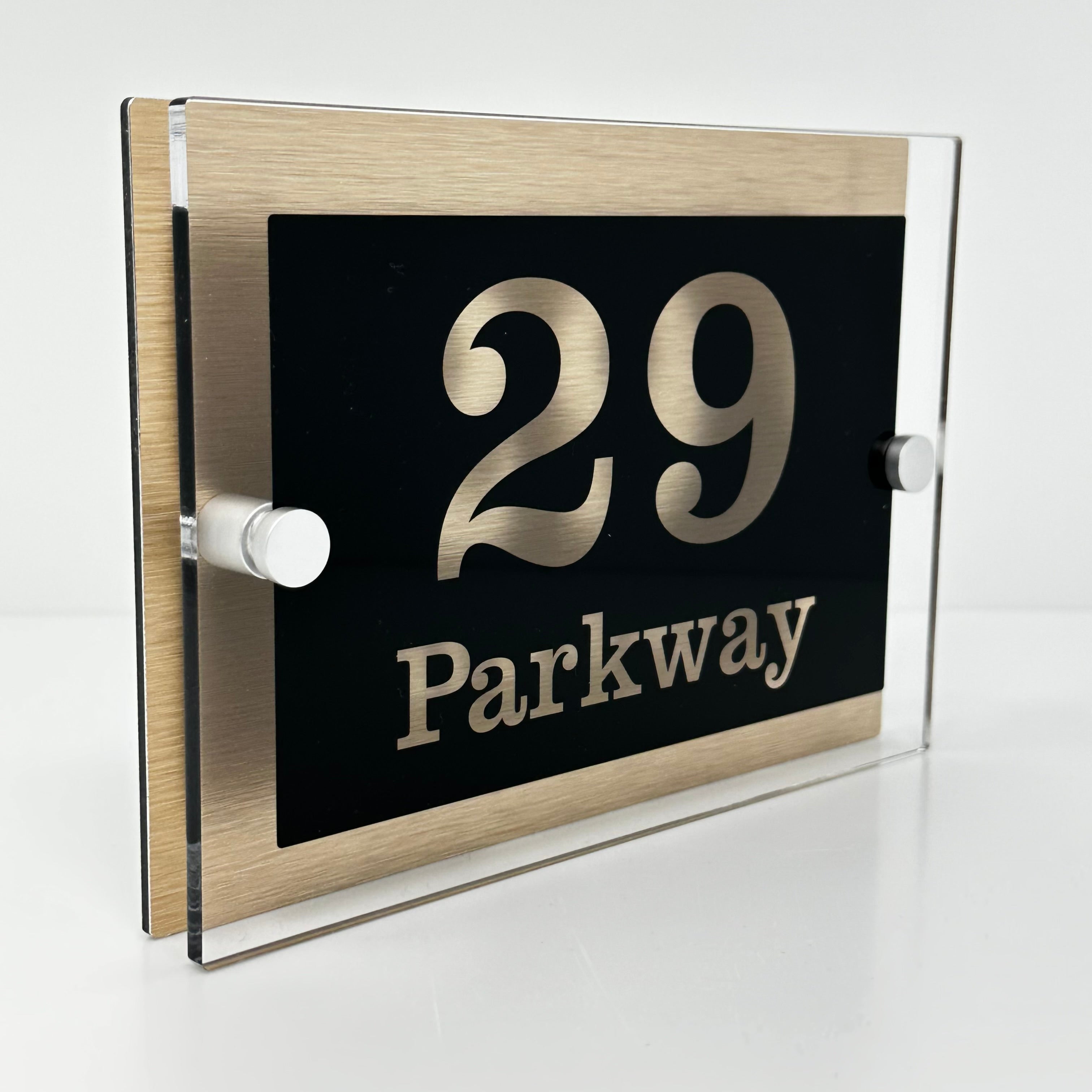 The Parkway Modern House Sign with Perspex Acrylic Front, Brass Rear Panel and Satin Silver Stand Off Fixings ( Size - 20cm x 14cm )