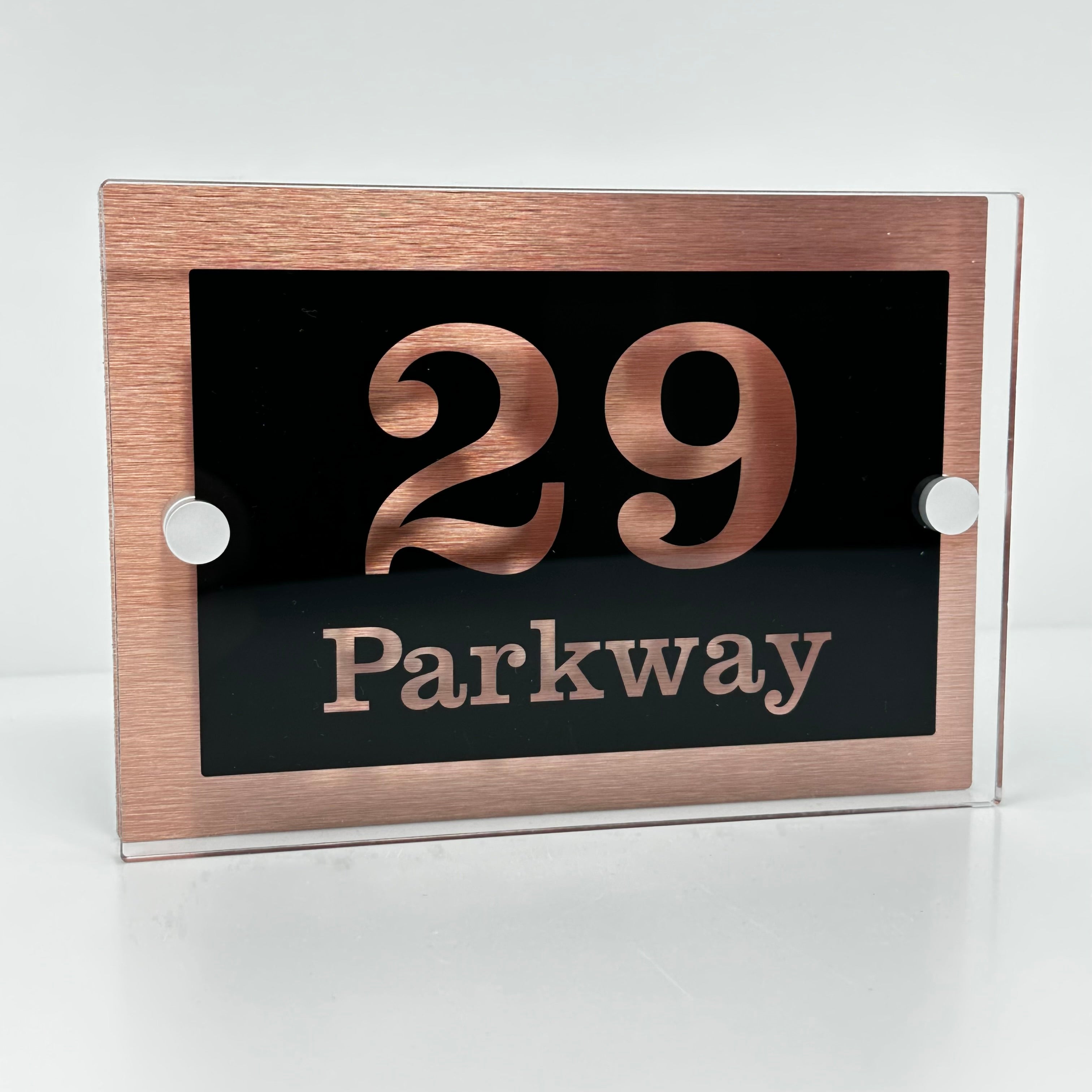 The Parkway Modern House Sign with Perspex Acrylic Front, Copper Rear Panel and Satin Silver Stand Off Fixings ( Size - 20cm x 14cm )