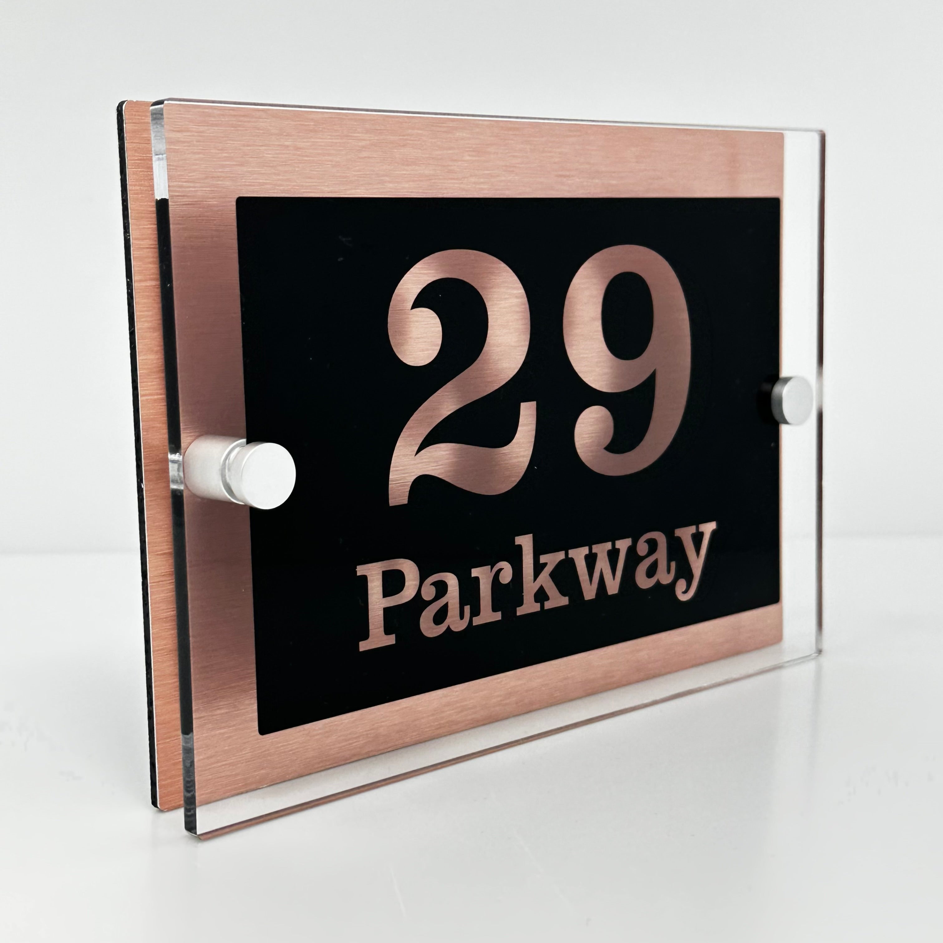 The Parkway Modern House Sign with Perspex Acrylic Front, Copper Rear Panel and Satin Silver Stand Off Fixings ( Size - 20cm x 14cm )