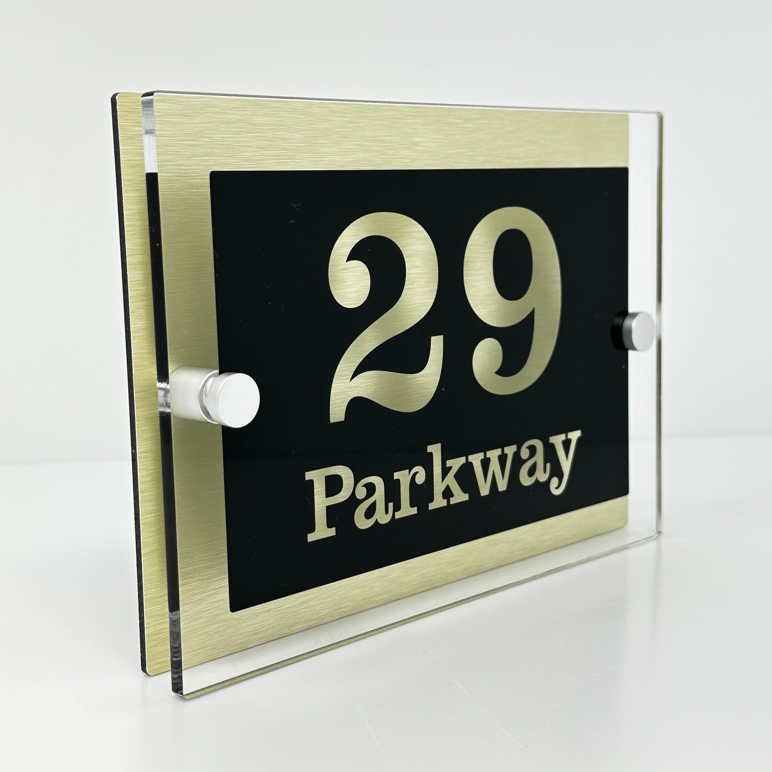 The Parkway Modern House Sign with Perspex Acrylic Front, Gold Rear Panel and Satin Silver Stand Off Fixings ( Size - 20cm x 14cm )