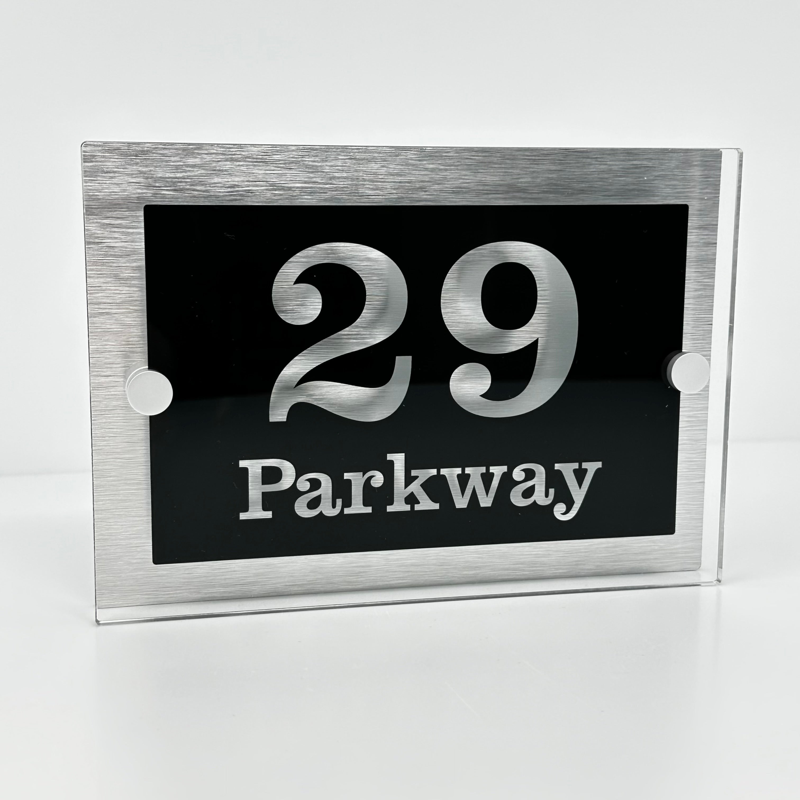 The Parkway Modern House Sign with Perspex Acrylic Front, Silver Rear Panel and Satin Silver Stand Off Fixings ( Size - 20cm x 14cm )