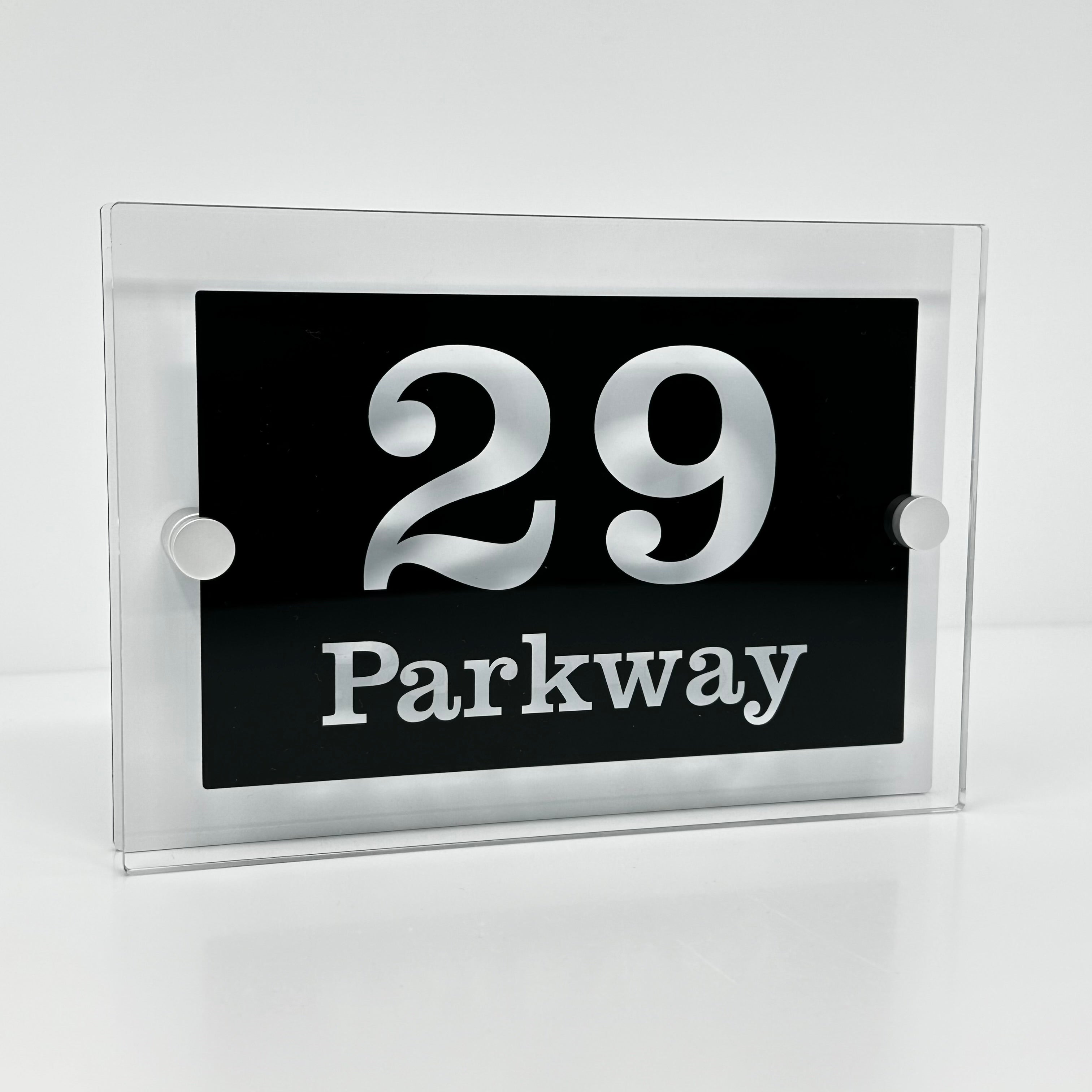 The Parkway Modern House Sign with Perspex Acrylic Front, White Rear Panel and Satin Silver Stand Off Fixings ( Size - 20cm x 14cm )