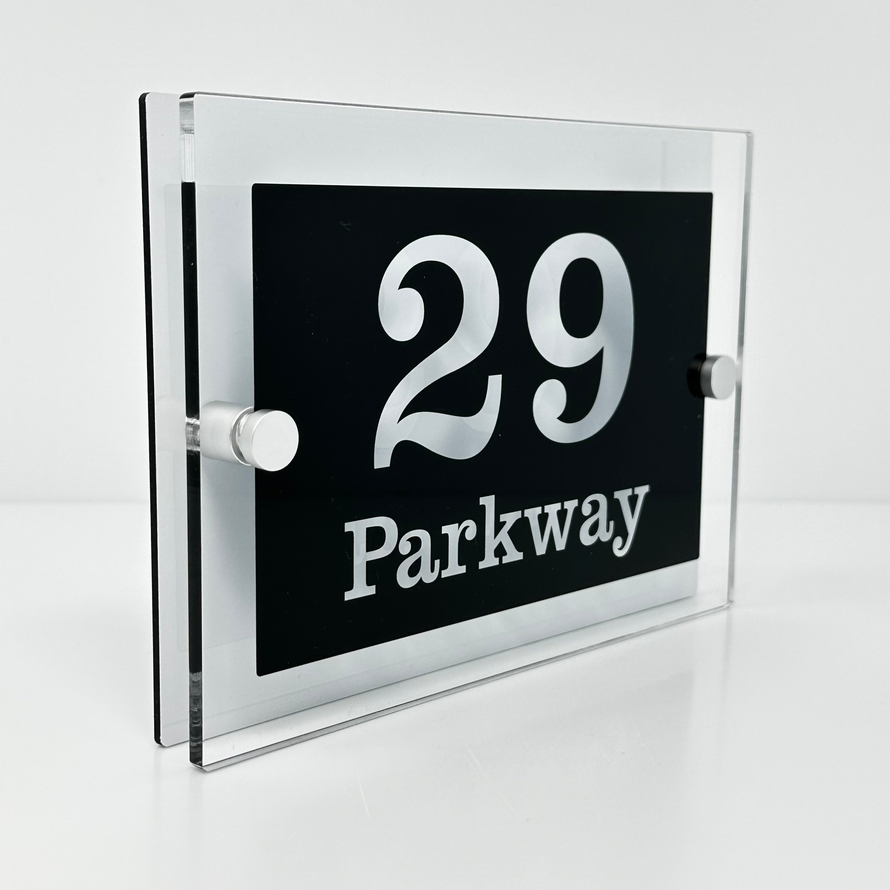 The Parkway Modern House Sign with Perspex Acrylic Front, White Rear Panel and Satin Silver Stand Off Fixings ( Size - 20cm x 14cm )