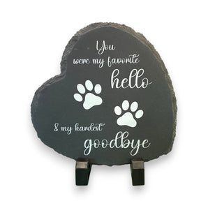 You Were My Favorite Hello & My Hardest Goodbye 15 × 15 cm Heart-Shaped UV-Printed Slate Plaque – Pet Memorial Keepsake with Stand