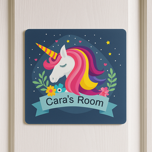 Personalised Pretty Unicorn With Flowers Kids Bedroom Door Sign - Unique Gift
